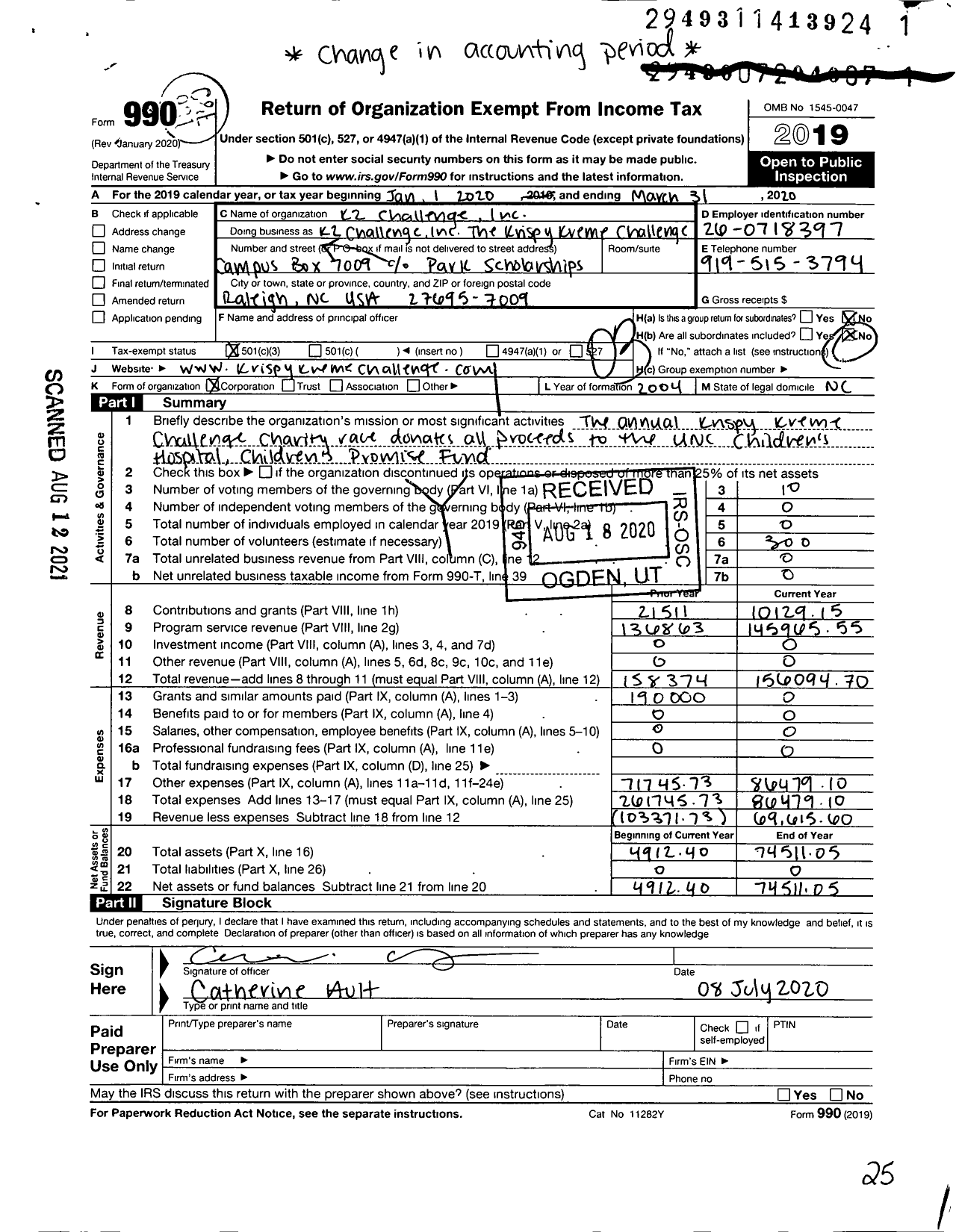 Image of first page of 2019 Form 990 for K2 Challenge Inc The Krispy Kreme Challenge