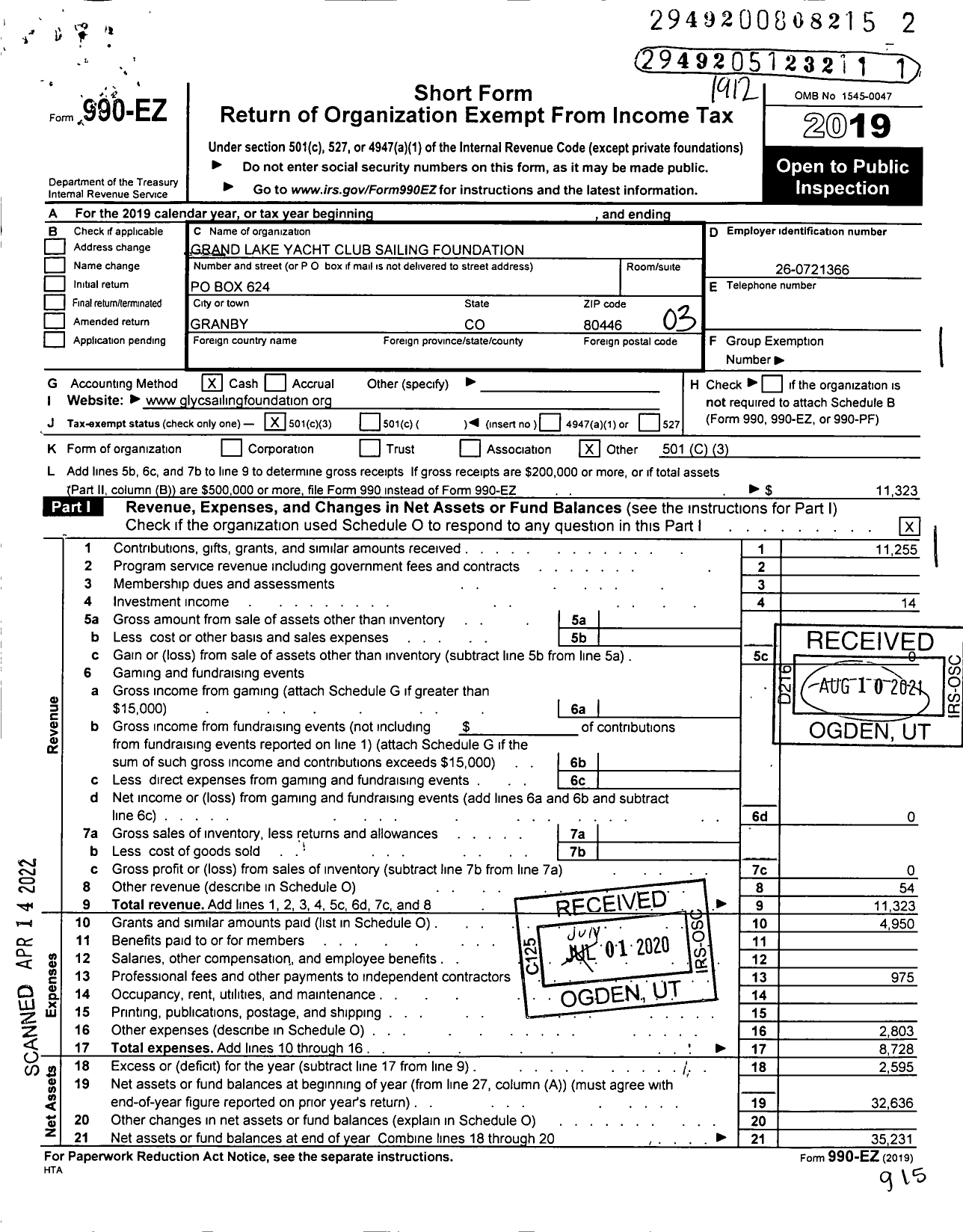 Image of first page of 2019 Form 990EZ for Grand Lake Yacht Club Sailing Foundation