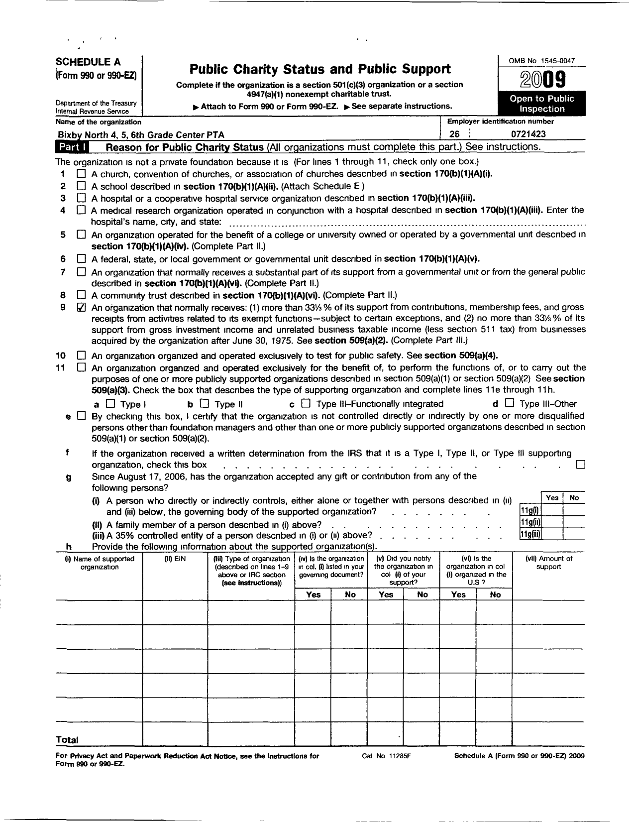 Image of first page of 2009 Form 990ER for PTA Oklahoma Congress - Bixby North 4 5 6TH Grade Center PT