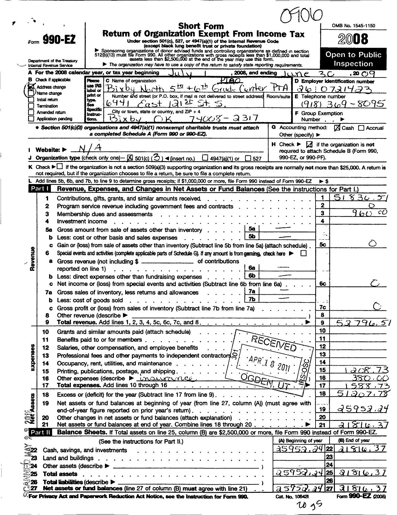 Image of first page of 2008 Form 990EZ for PTA Oklahoma Congress - Bixby North 4 5 6TH Grade Center PT