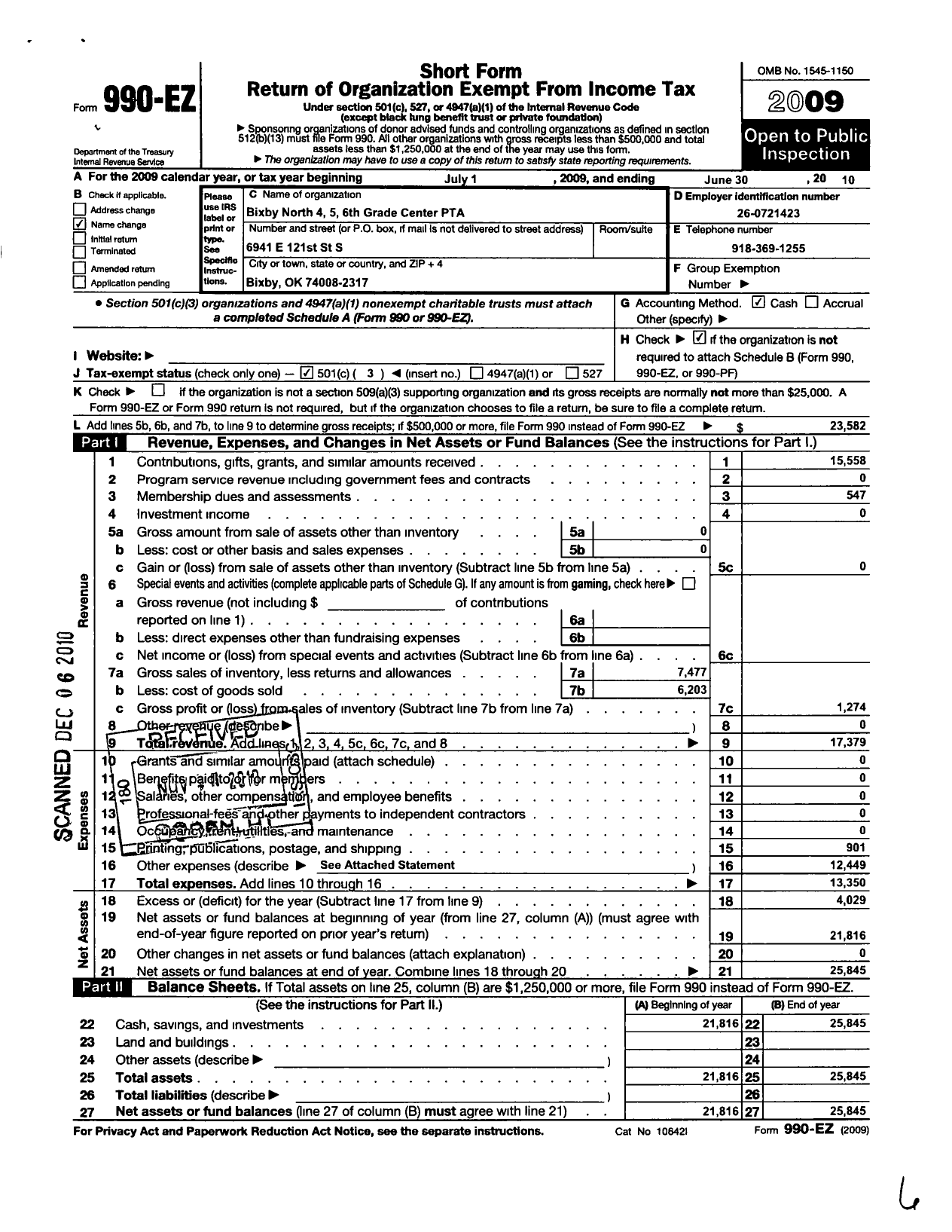 Image of first page of 2009 Form 990EZ for PTA Oklahoma Congress - Bixby North 4 5 6TH Grade Center PT