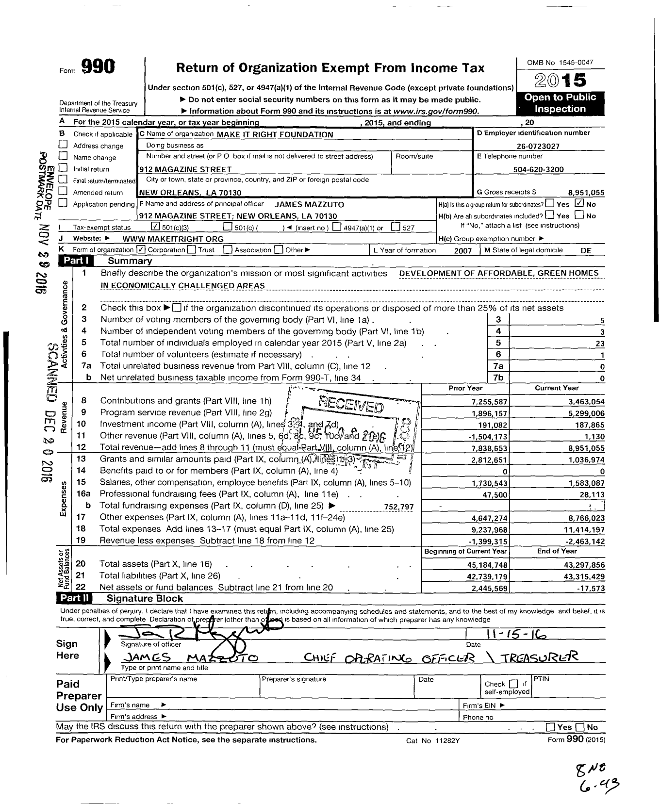 Image of first page of 2015 Form 990 for Make it Right Foundation