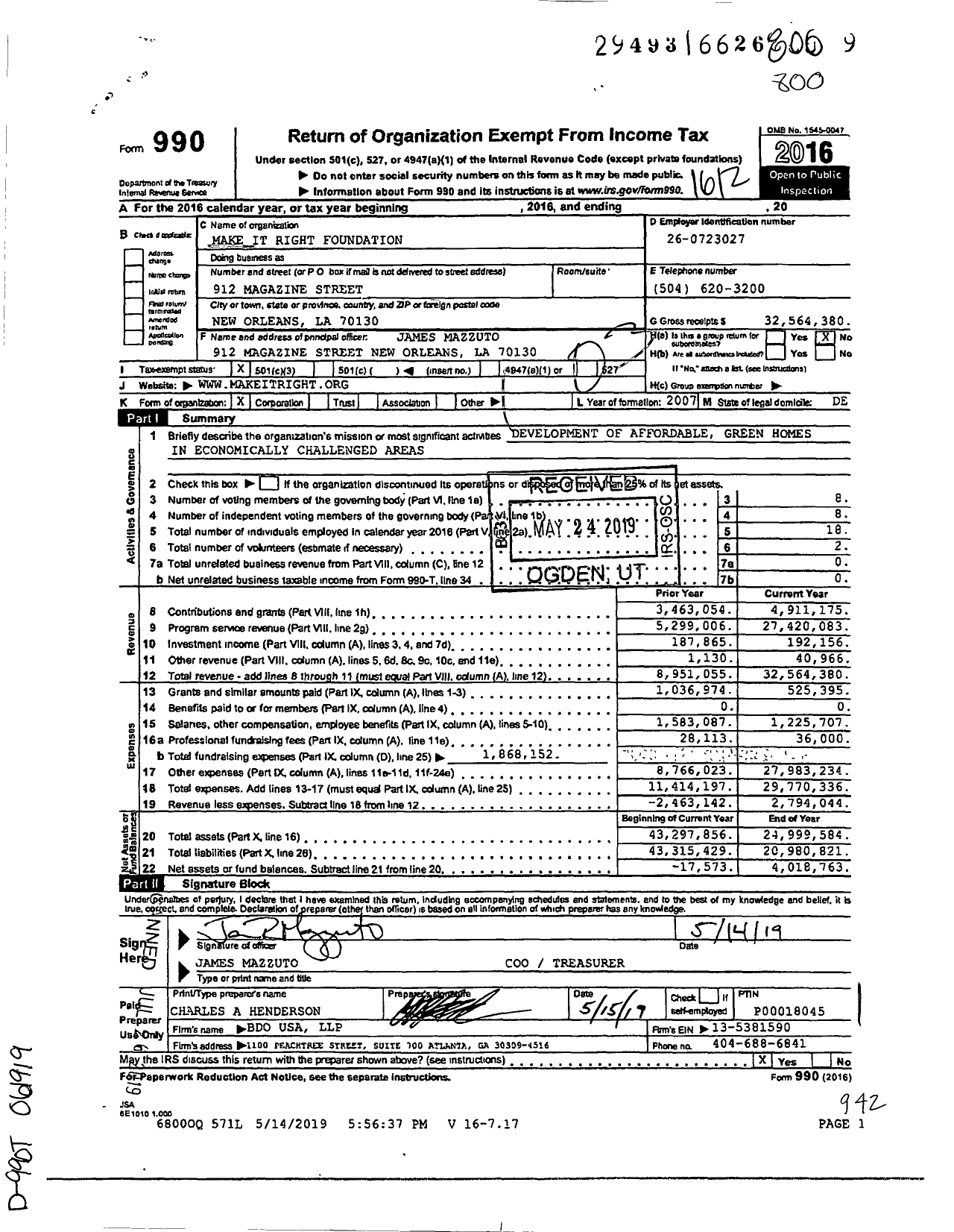 Image of first page of 2016 Form 990 for Make it Right Foundation