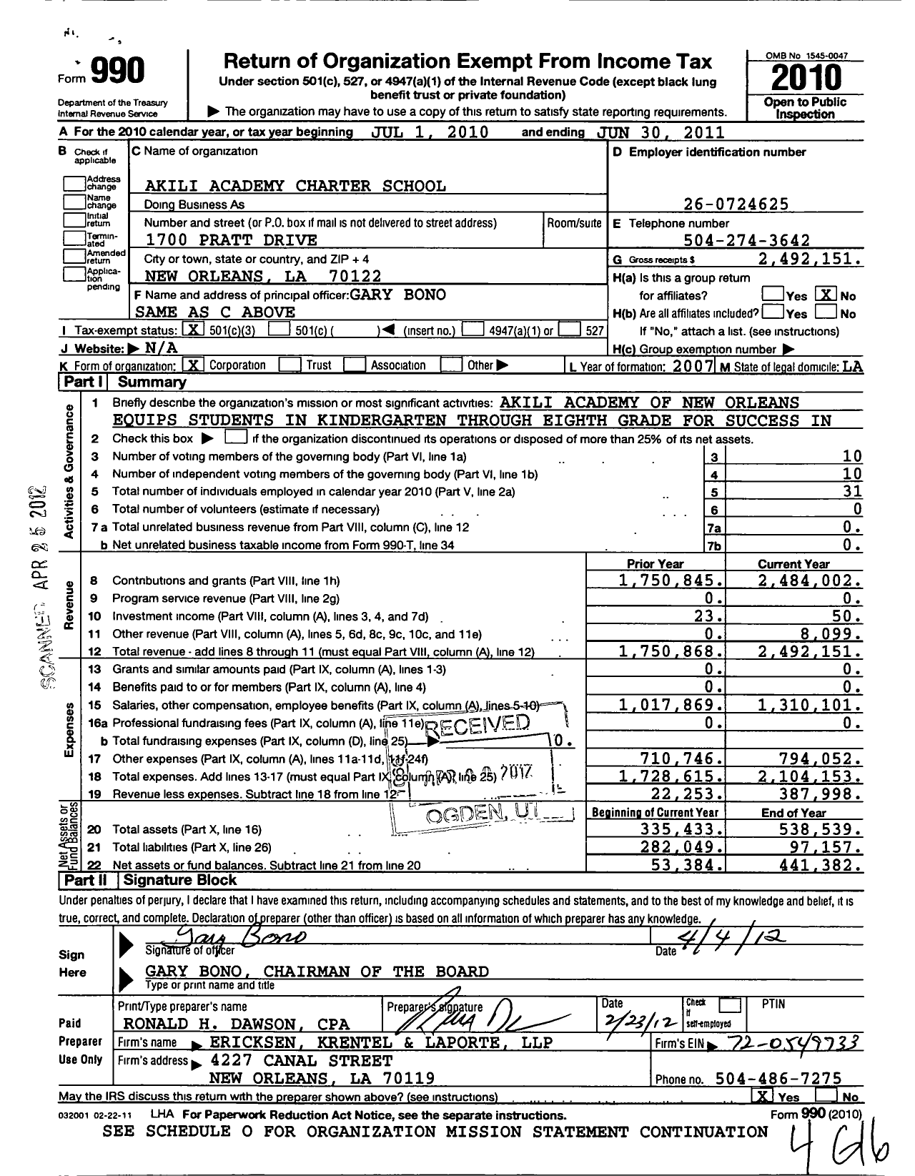 Image of first page of 2010 Form 990 for Akili Academy Charter School