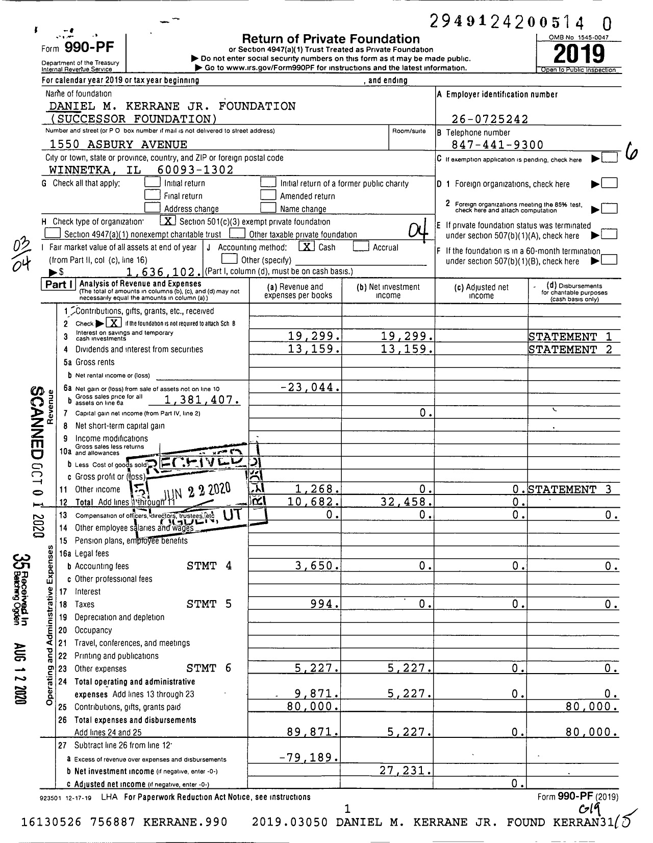 Image of first page of 2019 Form 990PR for Daniel M Kerrane JR Foundation