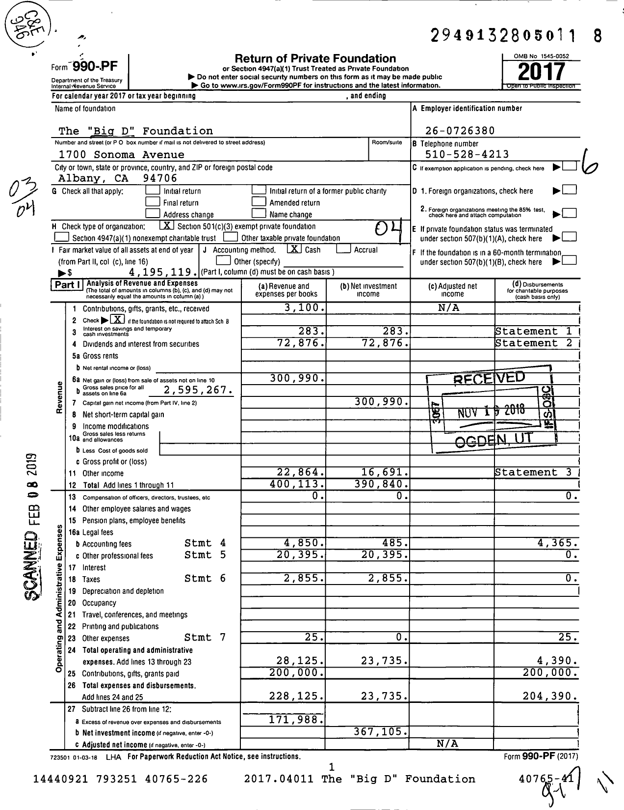 Image of first page of 2017 Form 990PF for The Big D Foundation
