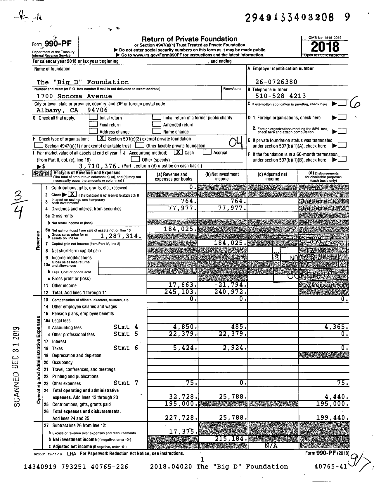Image of first page of 2018 Form 990PF for The Big D Foundation