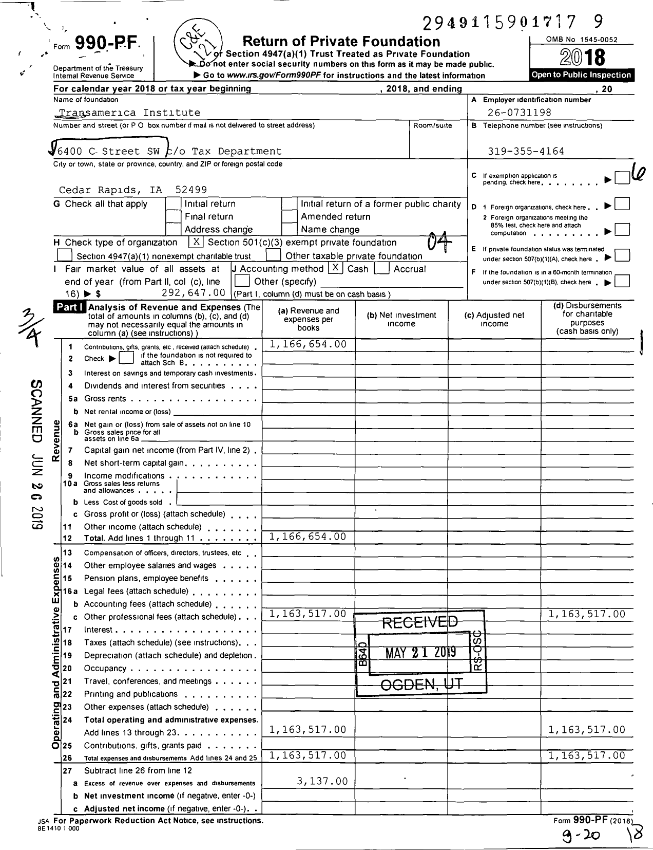 Image of first page of 2018 Form 990PF for Transamerica Institute