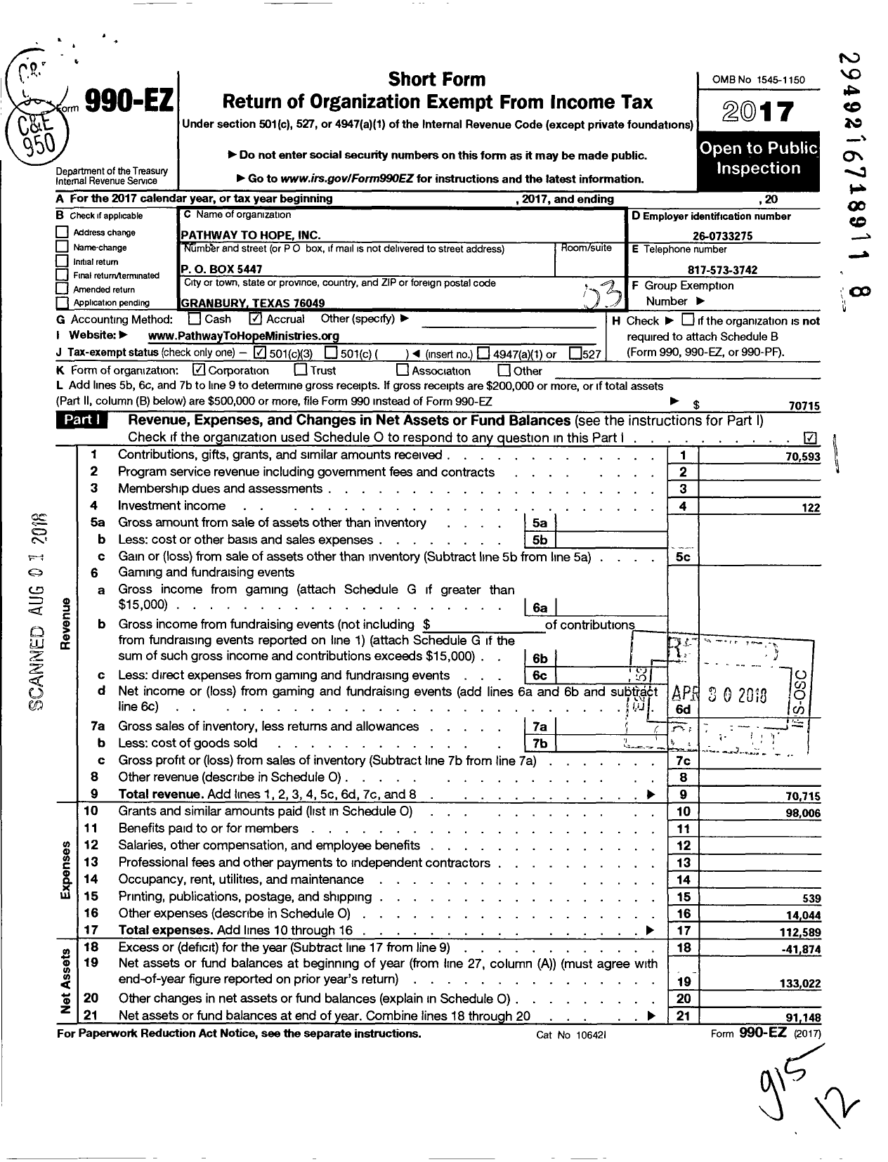 Image of first page of 2017 Form 990EZ for Pathway To Hope