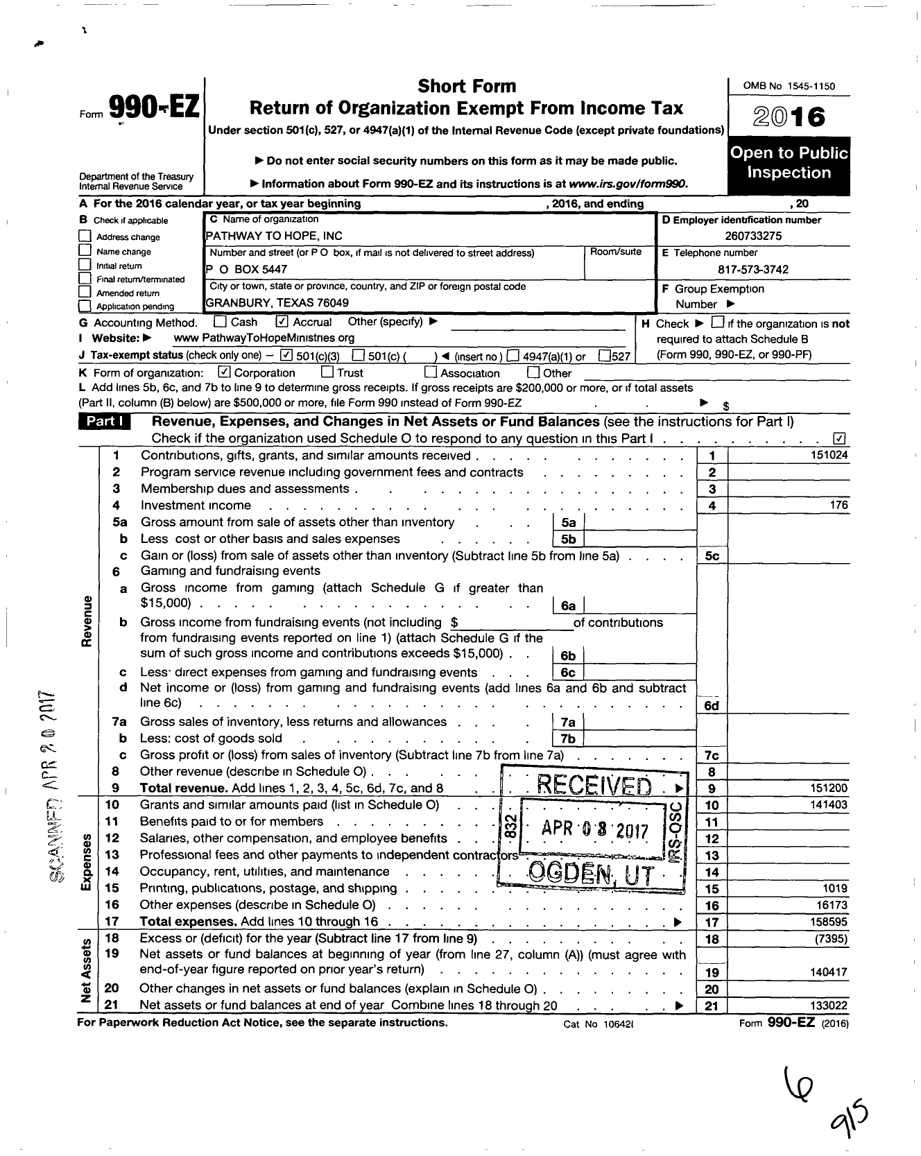 Image of first page of 2016 Form 990EZ for Pathway To Hope