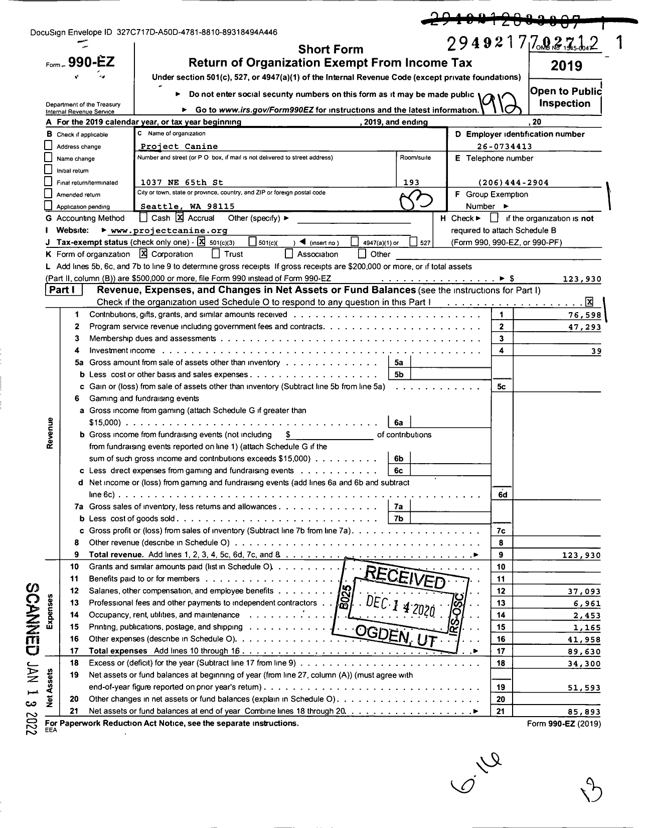 Image of first page of 2019 Form 990EZ for Project Canine