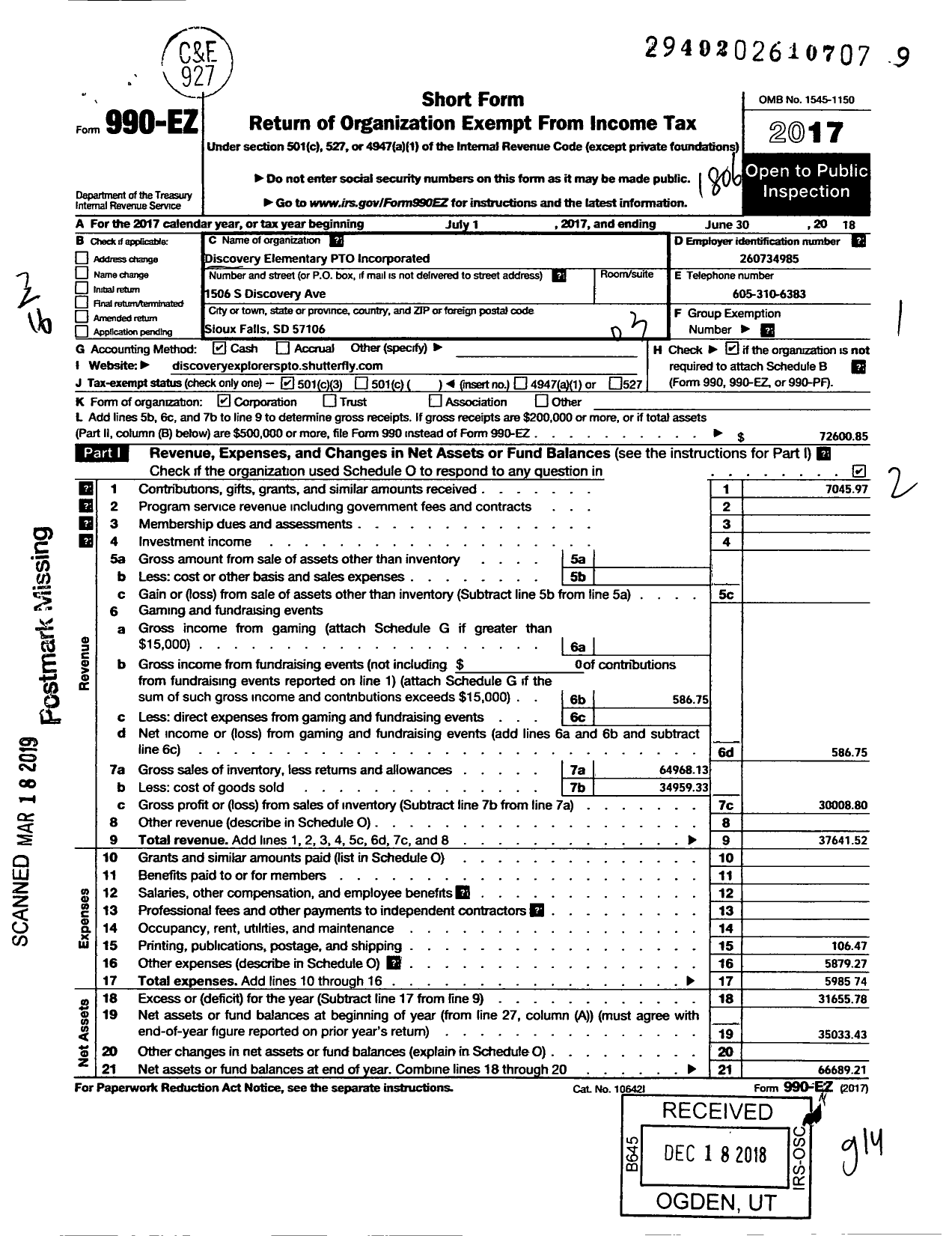Image of first page of 2017 Form 990EZ for Discovery Elementary Pto Incorporated
