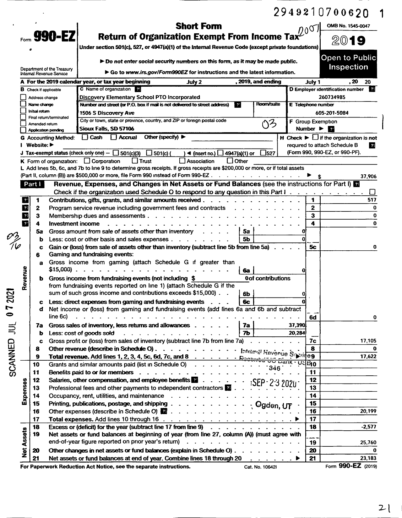 Image of first page of 2019 Form 990EZ for Discovery Elementary Pto Incorporated