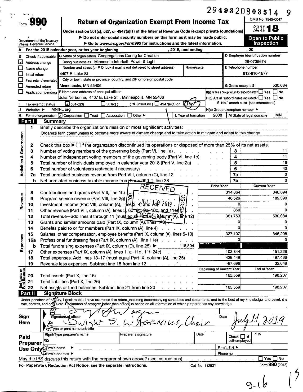 Image of first page of 2018 Form 990 for Minnesota Interfaith Power and Light