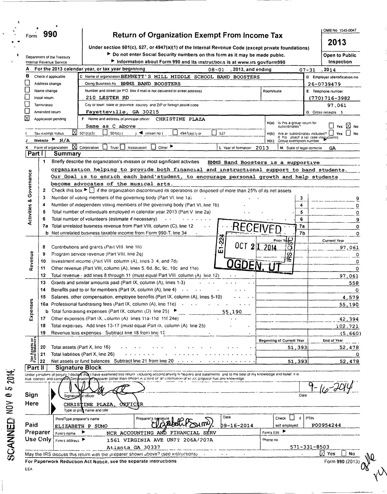 Image of first page of 2013 Form 990 for Bennetts Mill Middle School Band Boosters