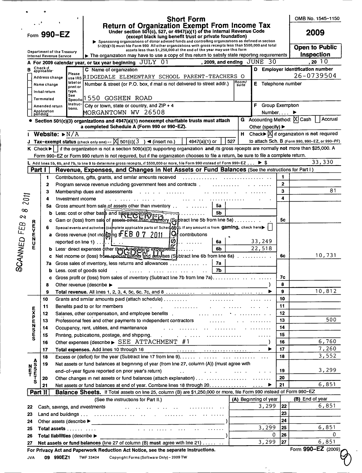 Image of first page of 2009 Form 990EZ for Ridgedale Elementary School Parent- Teacher Oganization