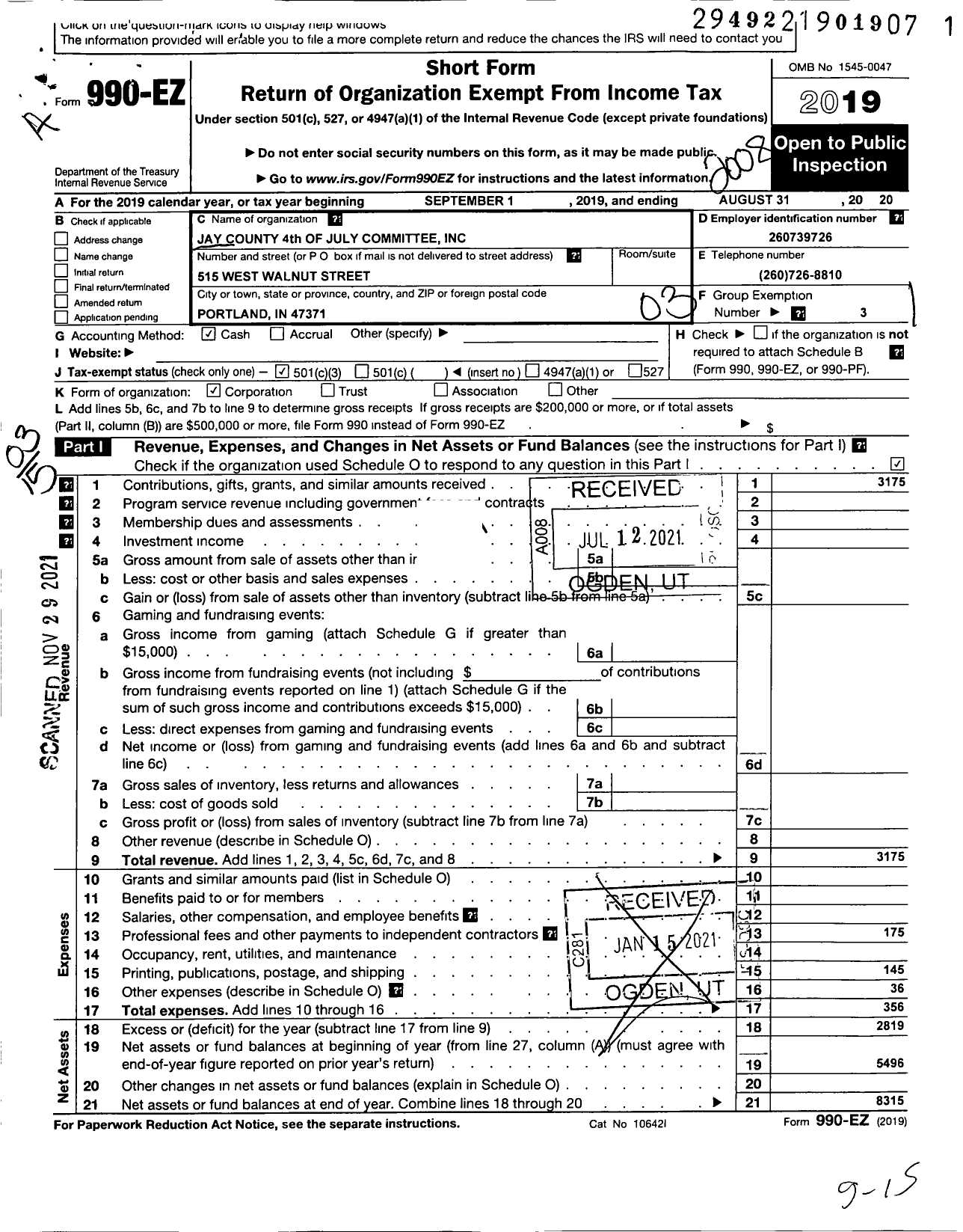 Image of first page of 2019 Form 990EZ for Jay County 4th of July Committee