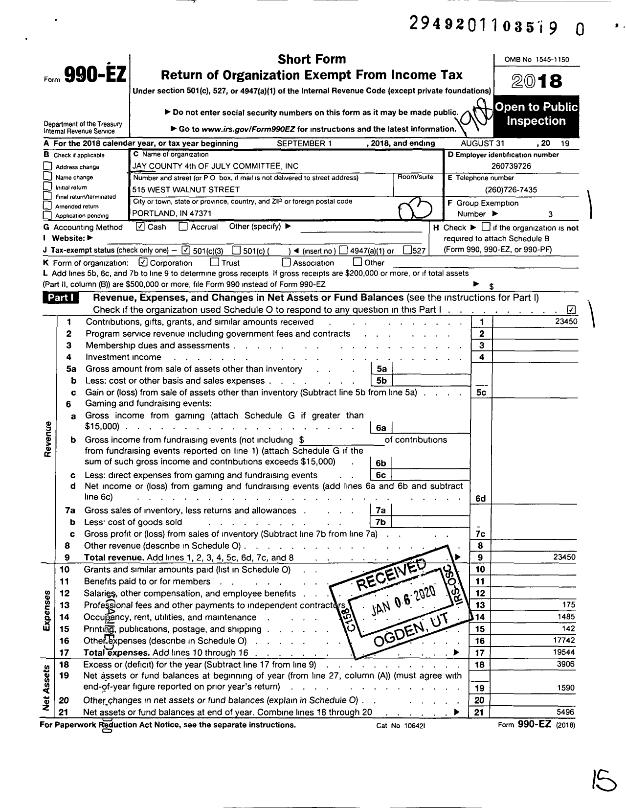 Image of first page of 2018 Form 990EZ for Jay County 4th of July Committee