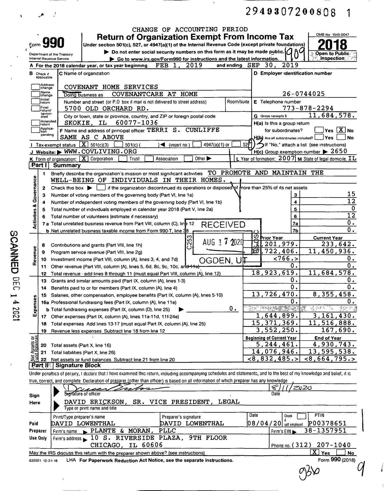 Image of first page of 2018 Form 990 for CovenantCare at Home