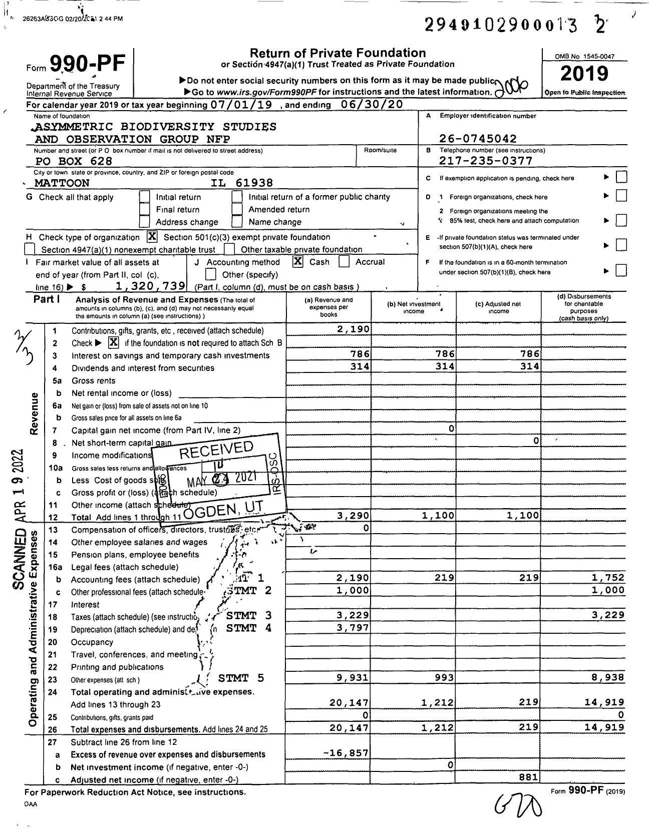 Image of first page of 2019 Form 990PF for Asymmetric Biodiversity Studies and Observation Group NFP