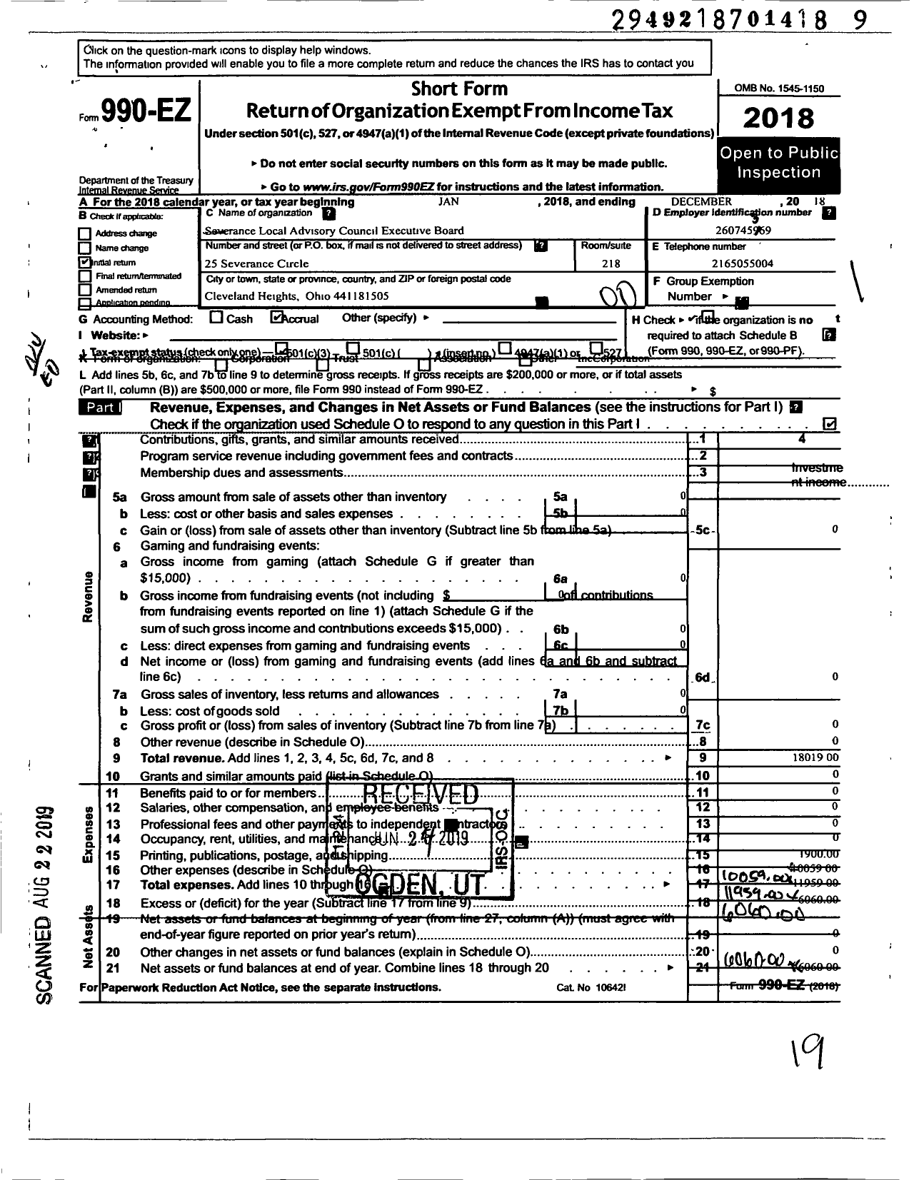 Image of first page of 2018 Form 990EO for Severance Towers Local Advisiory Council Excutive Board