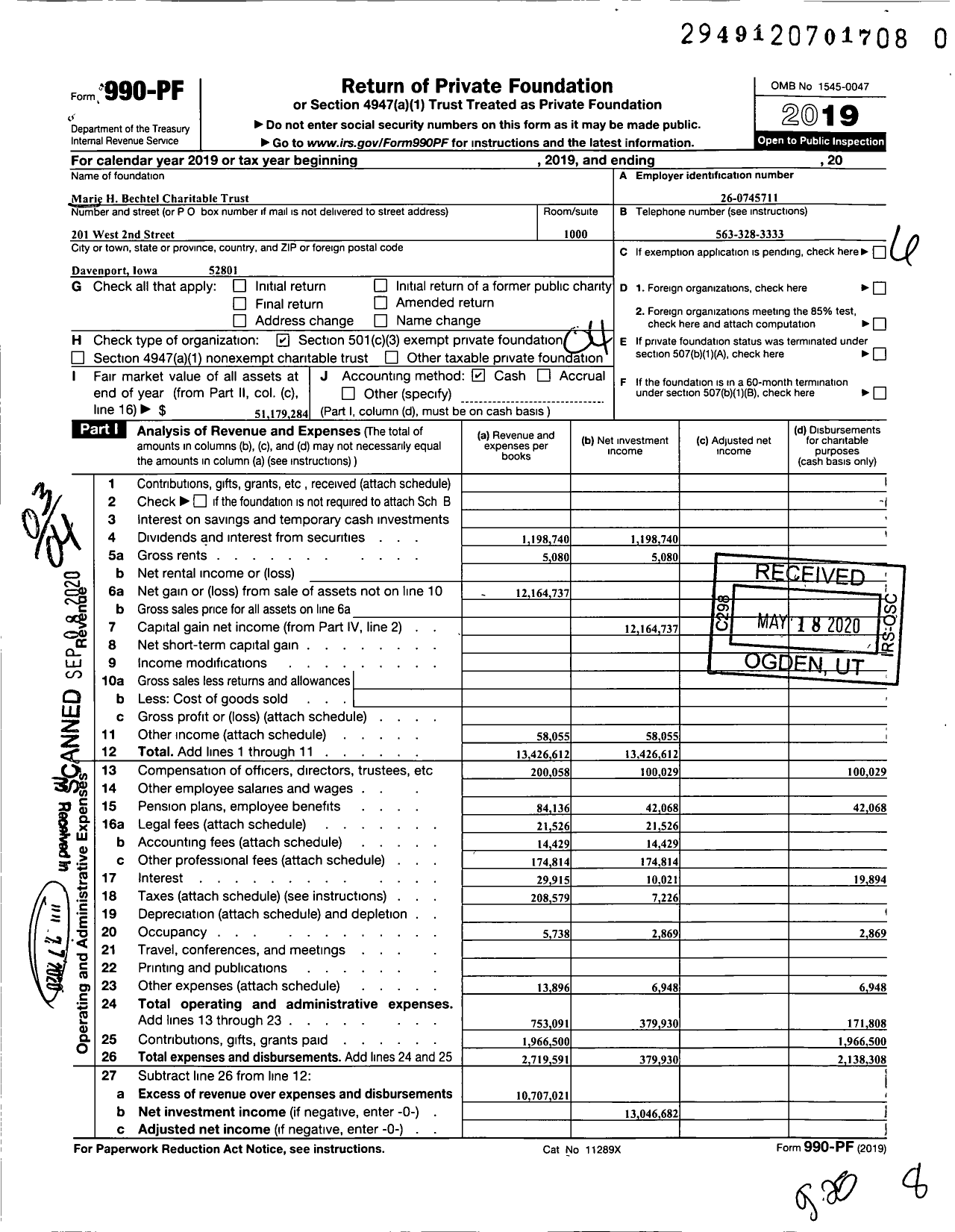 Image of first page of 2019 Form 990PR for Marie H. Bechtel Charitable Trust