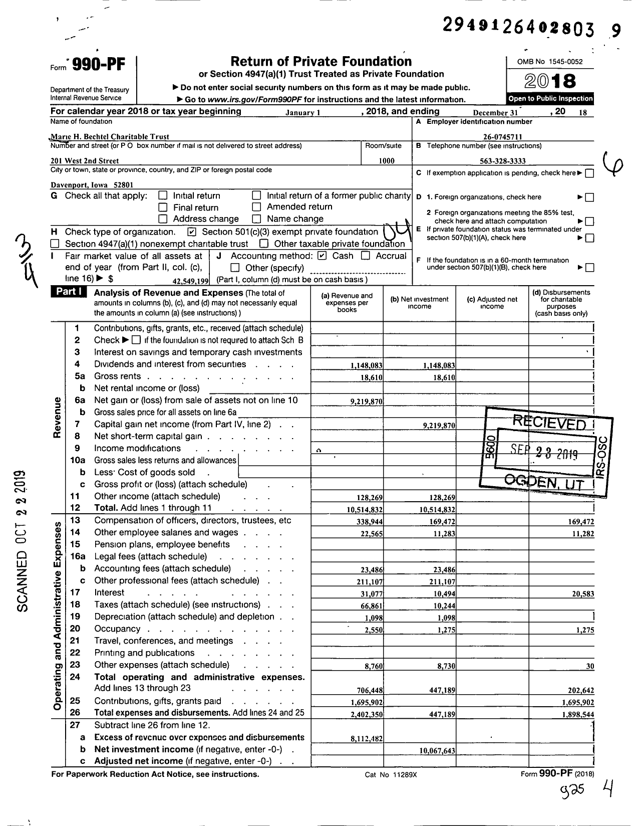 Image of first page of 2018 Form 990PF for Marie H. Bechtel Charitable Trust
