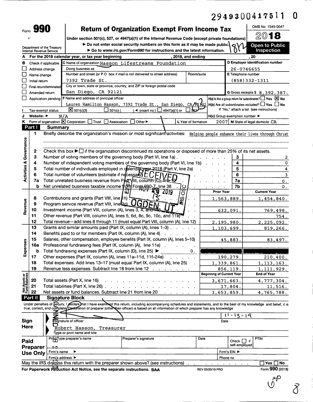 Image of first page of 2018 Form 990 for Hasson Lifestreams Foundation