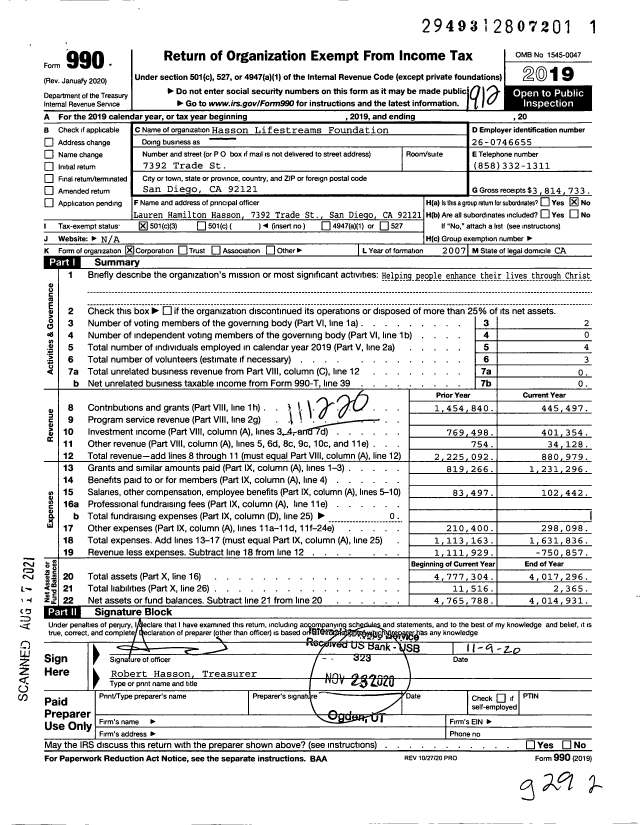 Image of first page of 2019 Form 990 for Hasson Lifestreams Foundation