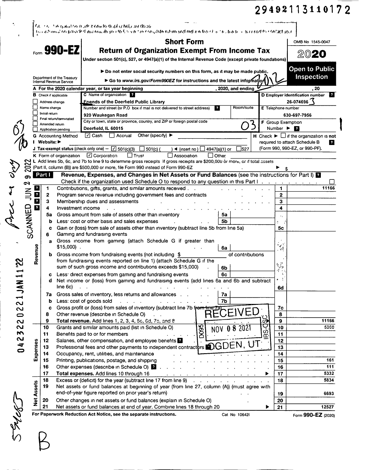 Image of first page of 2020 Form 990EZ for Friends of the Deerfield Public Library