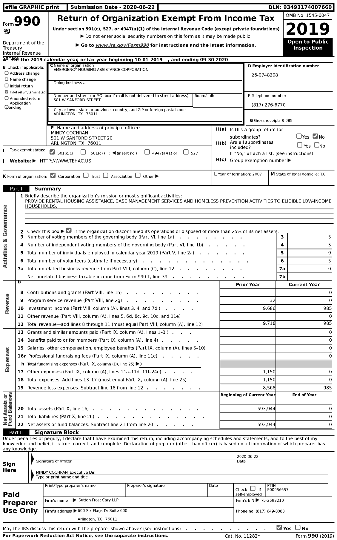 Image of first page of 2019 Form 990 for Emergency Housing Assistance Corporation