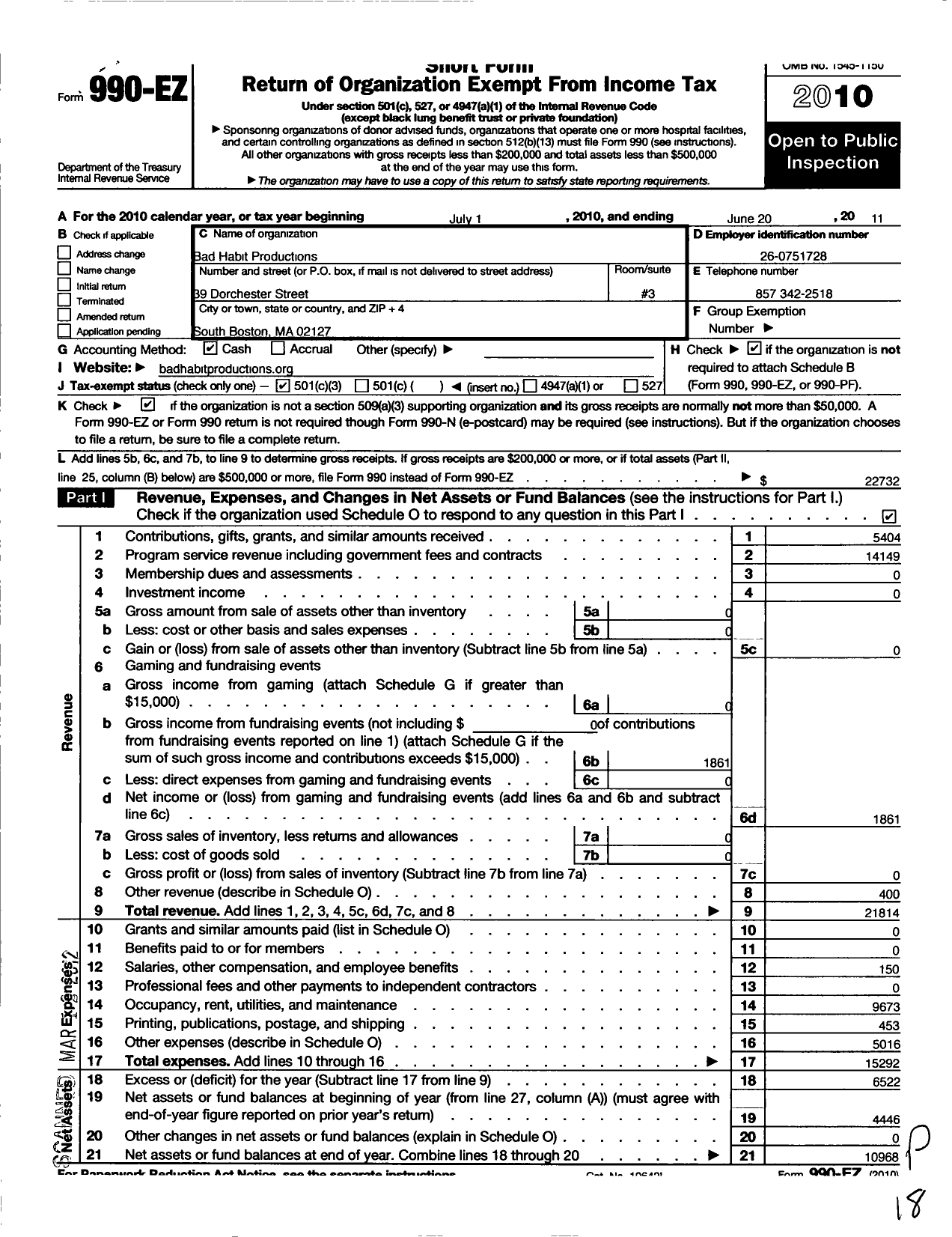 Image of first page of 2010 Form 990EZ for Bad Habit Productions