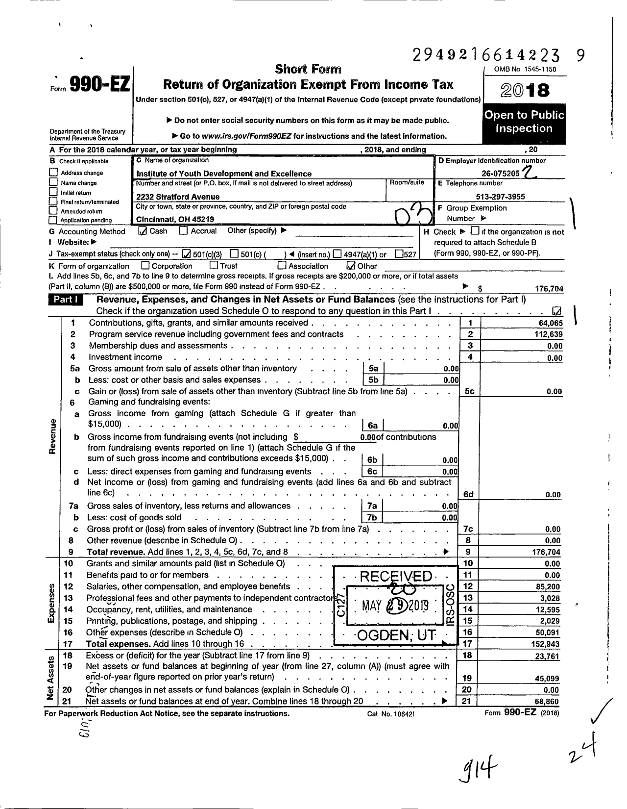 Image of first page of 2018 Form 990EZ for Institute of Youth Development and Excellence