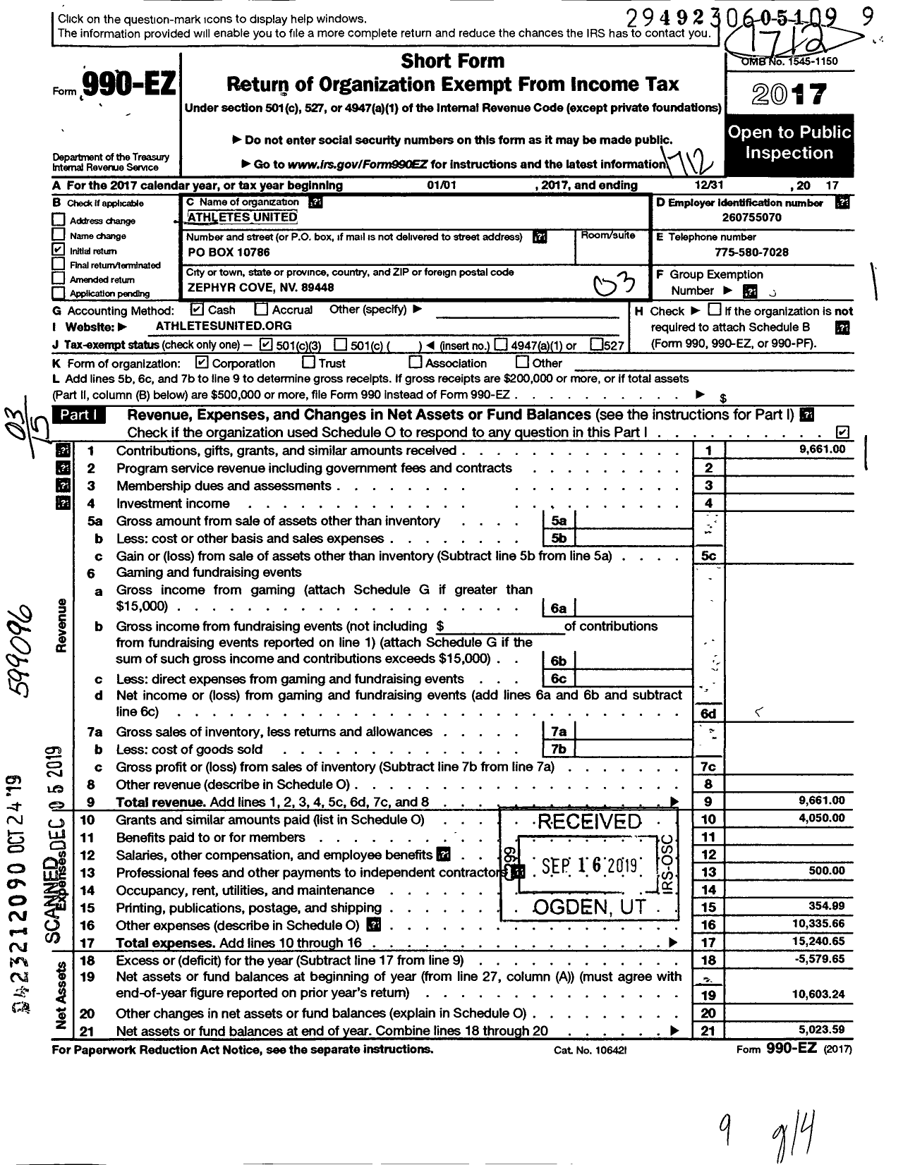 Image of first page of 2017 Form 990EZ for Athletes United