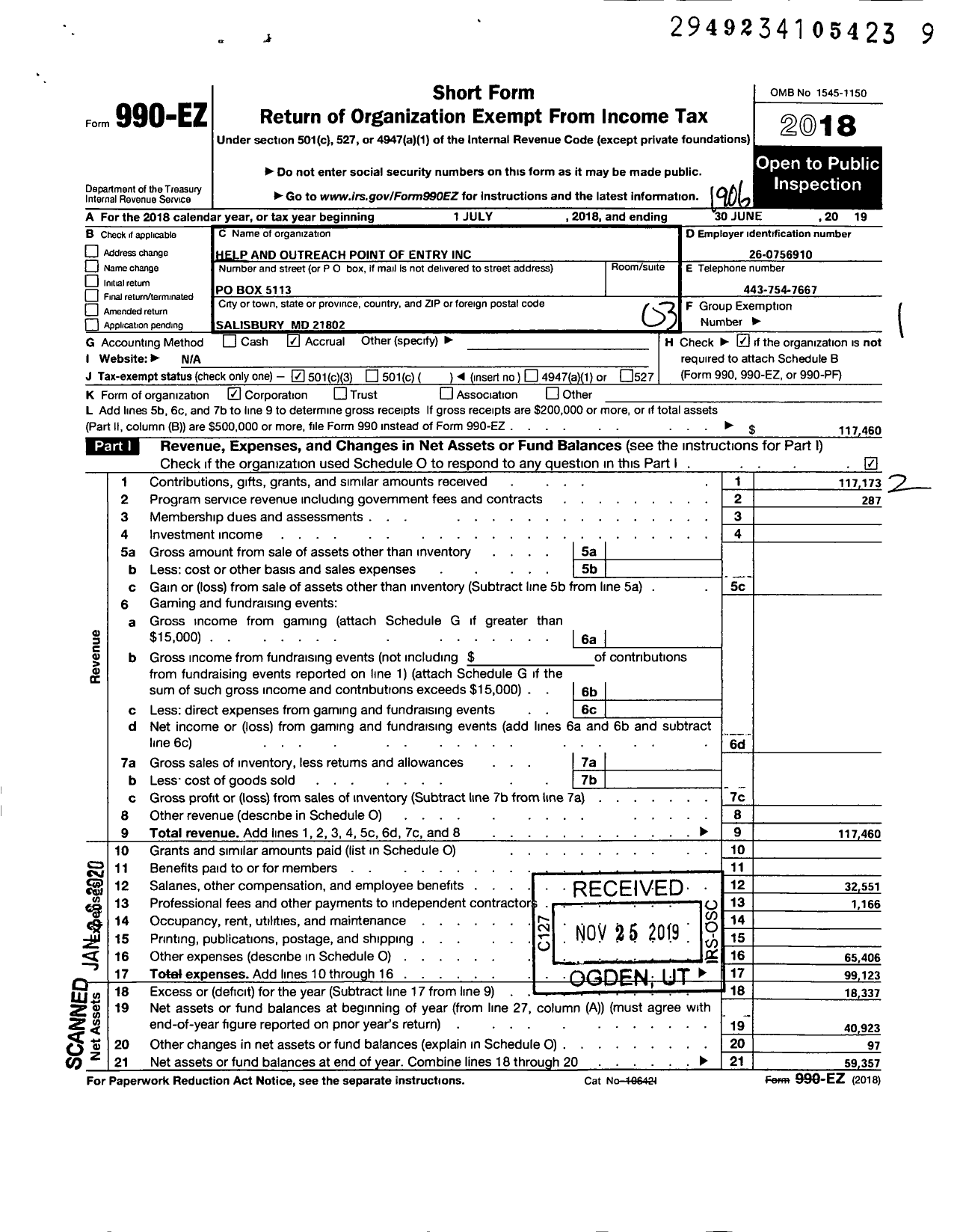 Image of first page of 2018 Form 990EZ for Help and Outreach Point of Entry