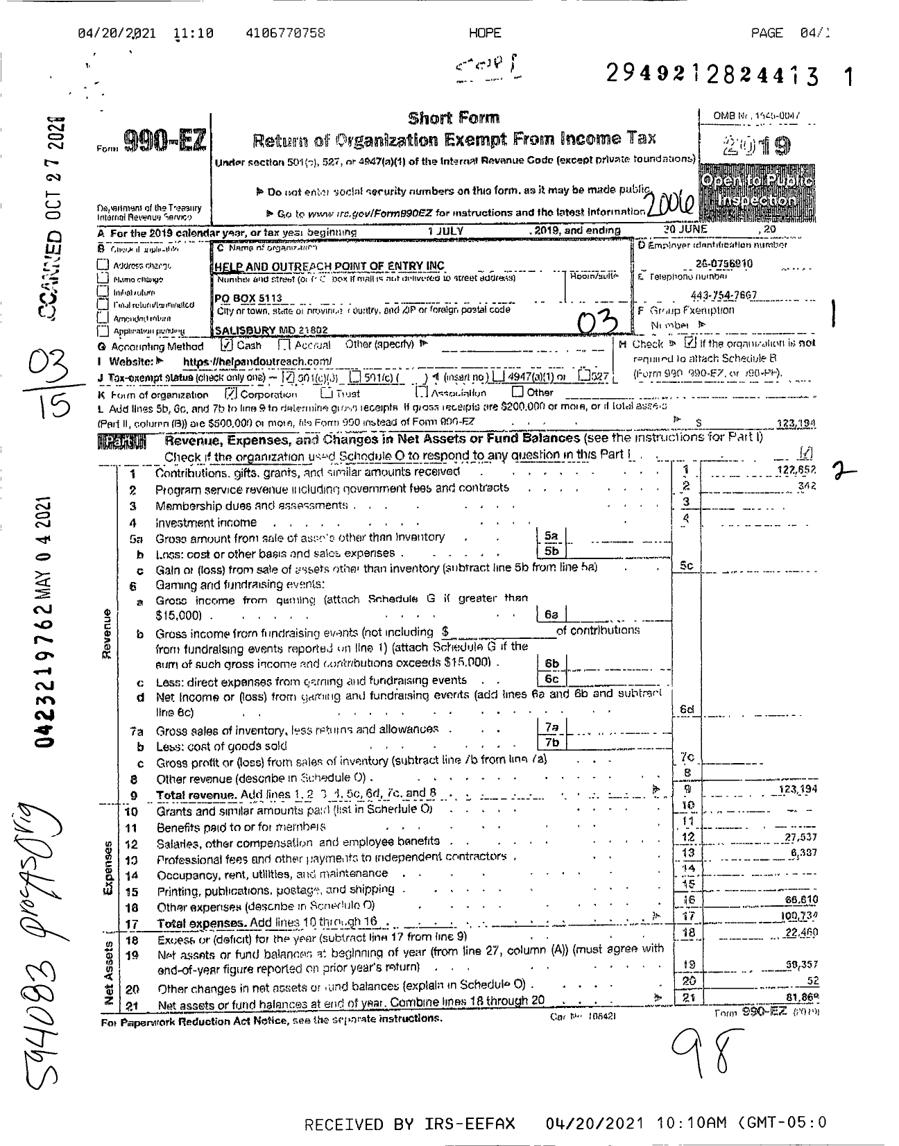 Image of first page of 2019 Form 990EZ for Help and Outreach Point of Entry