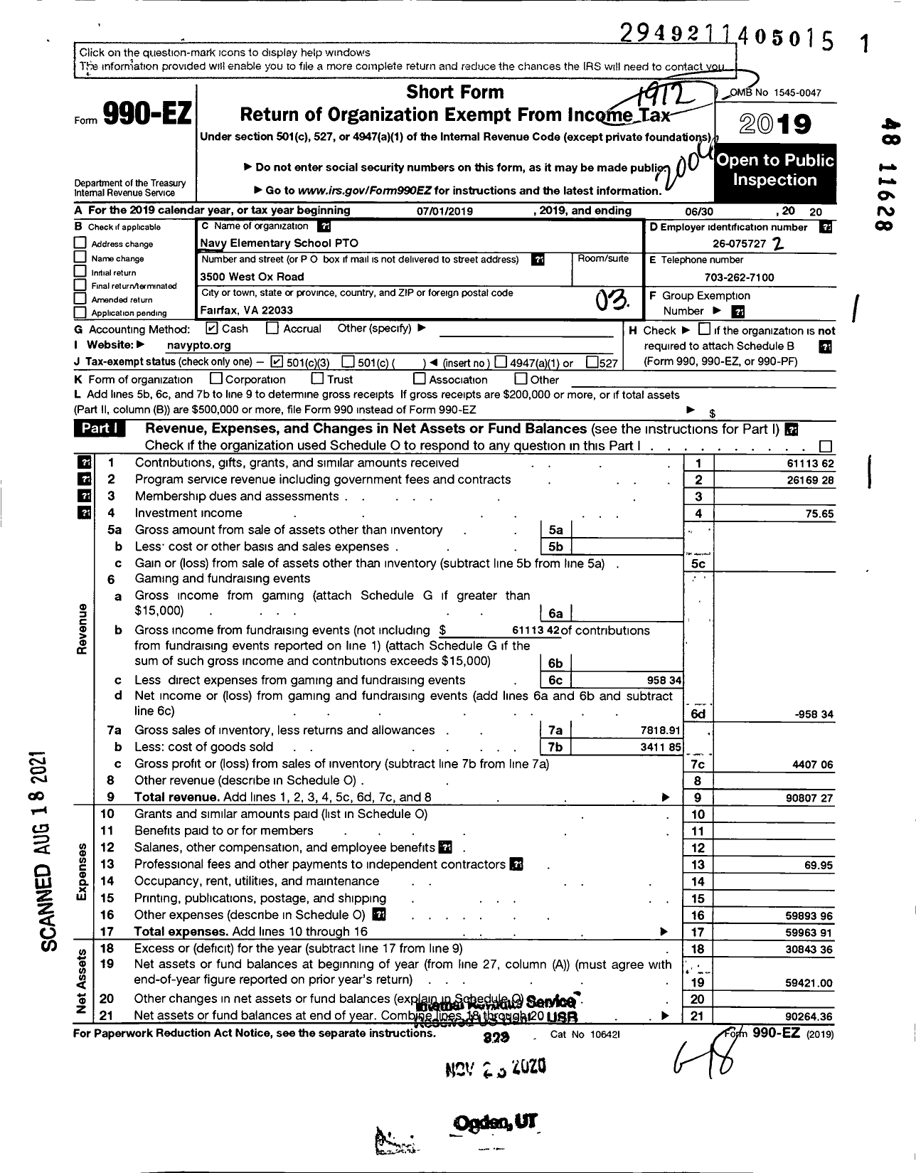 Image of first page of 2019 Form 990EZ for Navy Elementary School PTO