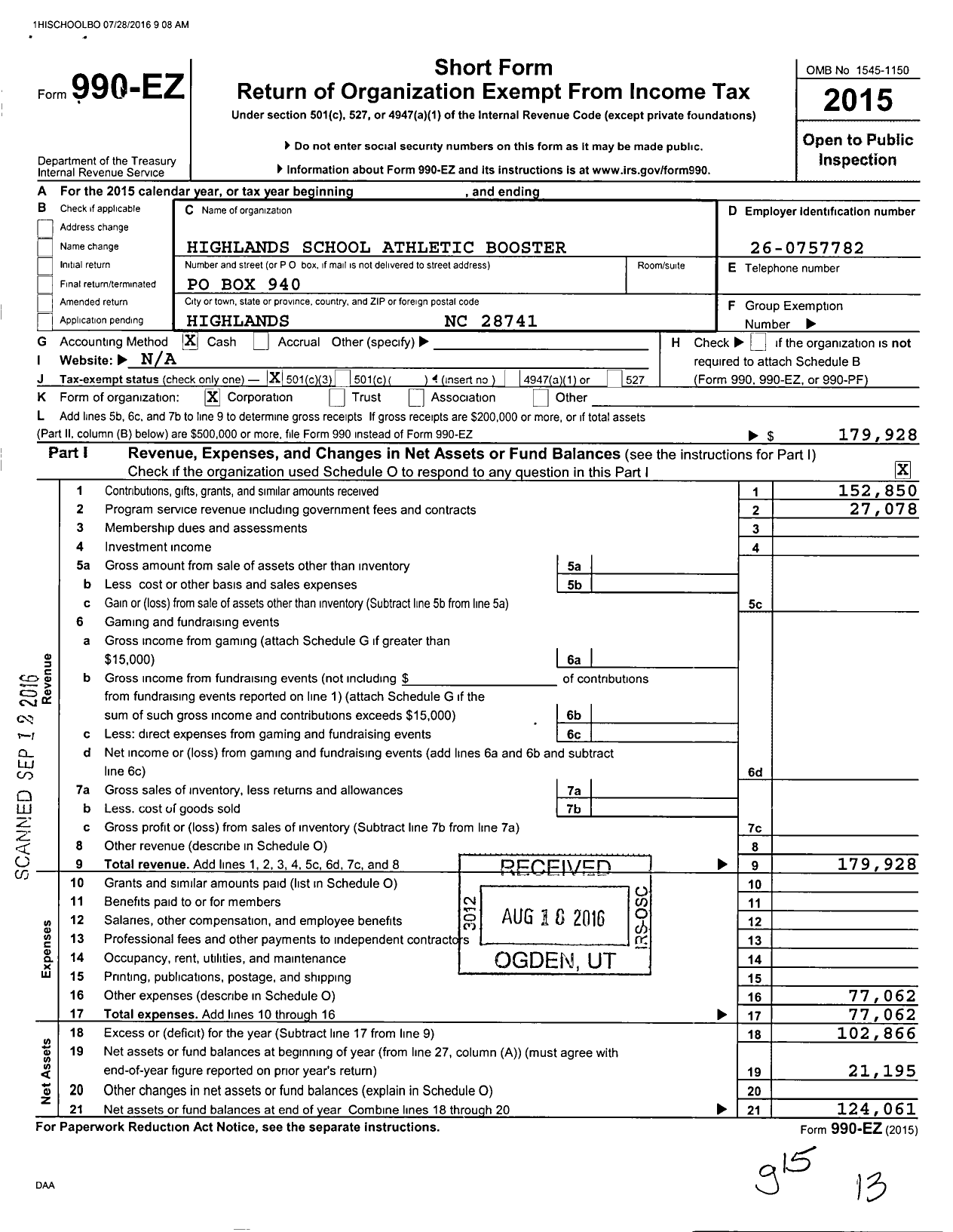 Image of first page of 2015 Form 990EZ for Highlands School Athletic Booster