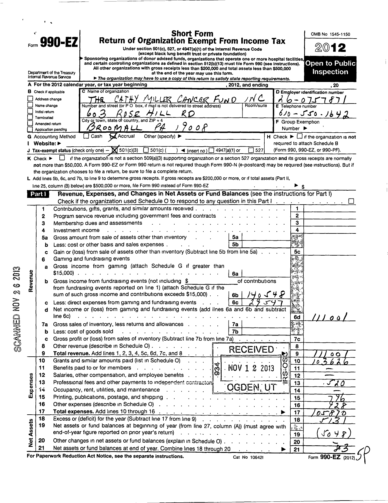 Image of first page of 2012 Form 990EZ for Cathy Miller Cancer Fund