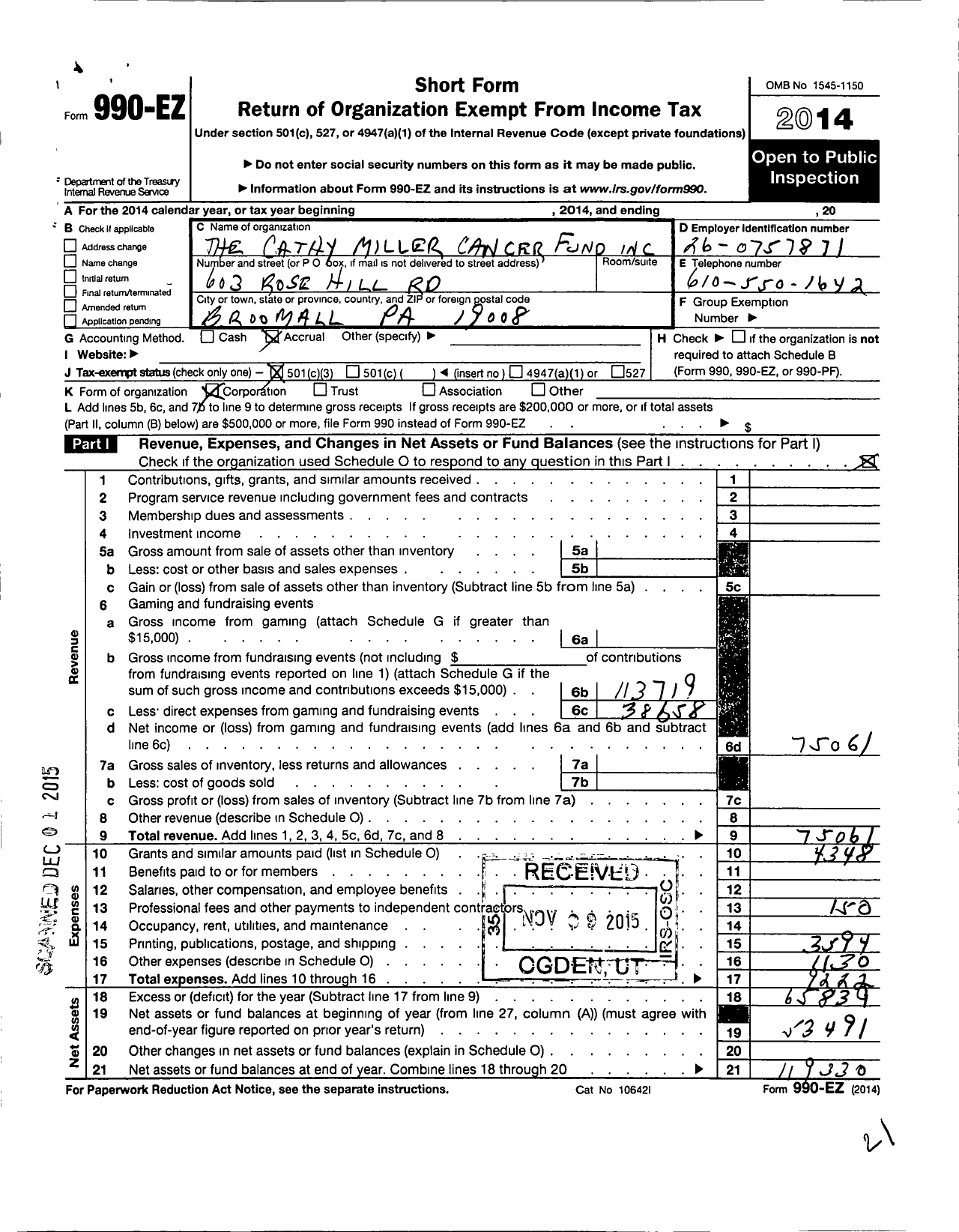 Image of first page of 2014 Form 990EZ for Cathy Miller Cancer Fund