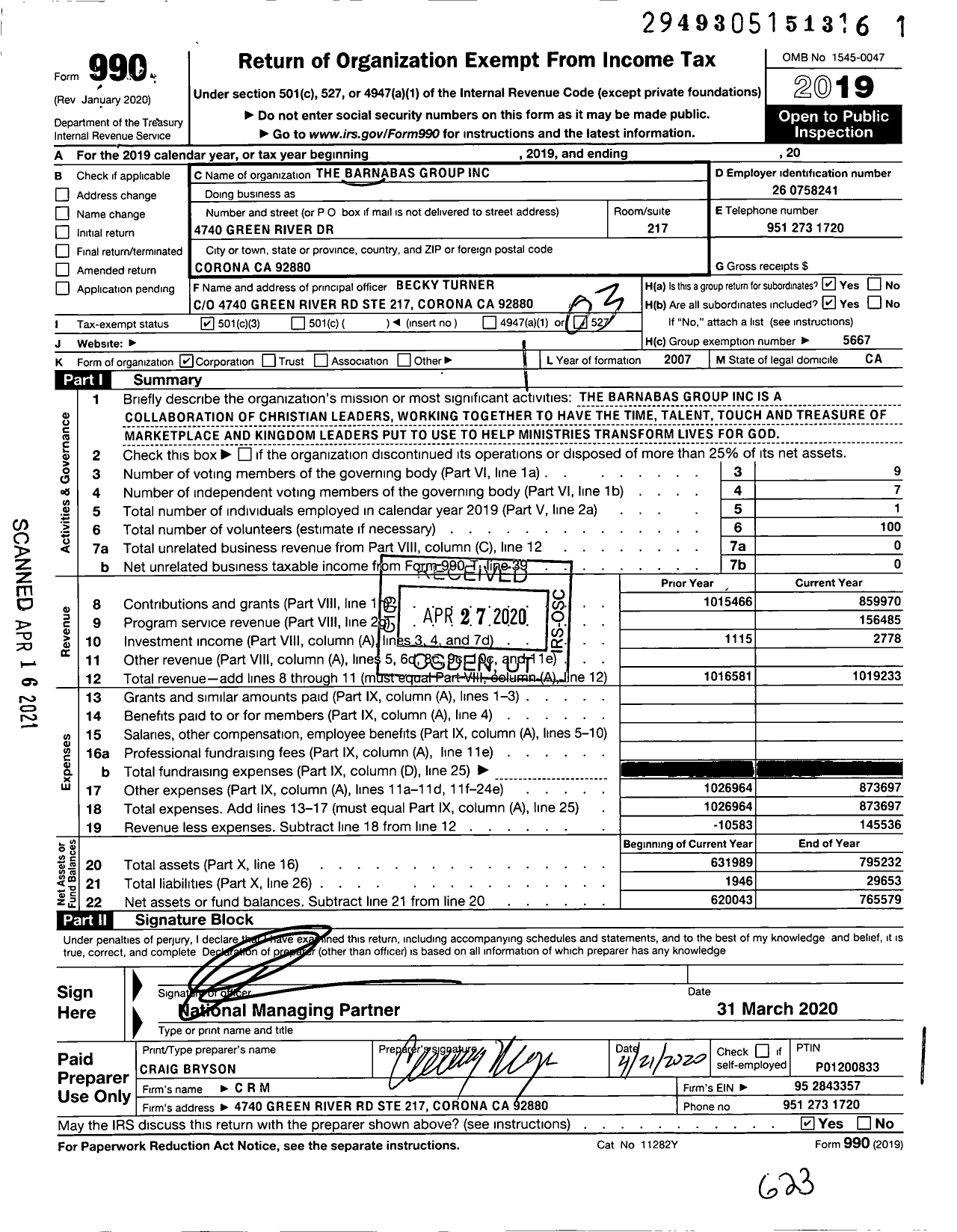 Image of first page of 2019 Form 990 for The Barnabas Group