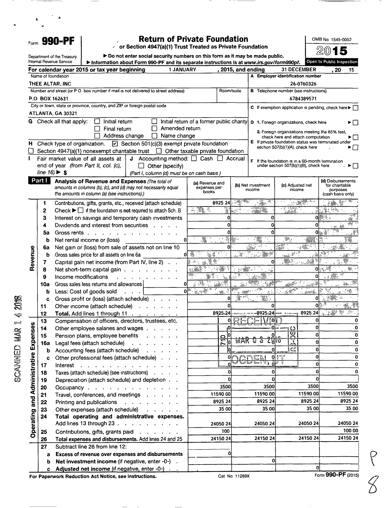 Image of first page of 2015 Form 990PF for Thee Altar