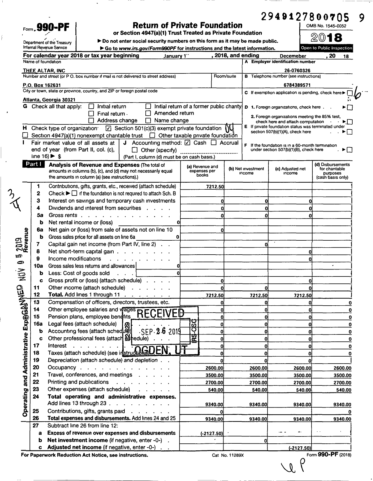 Image of first page of 2018 Form 990PF for Thee Altar