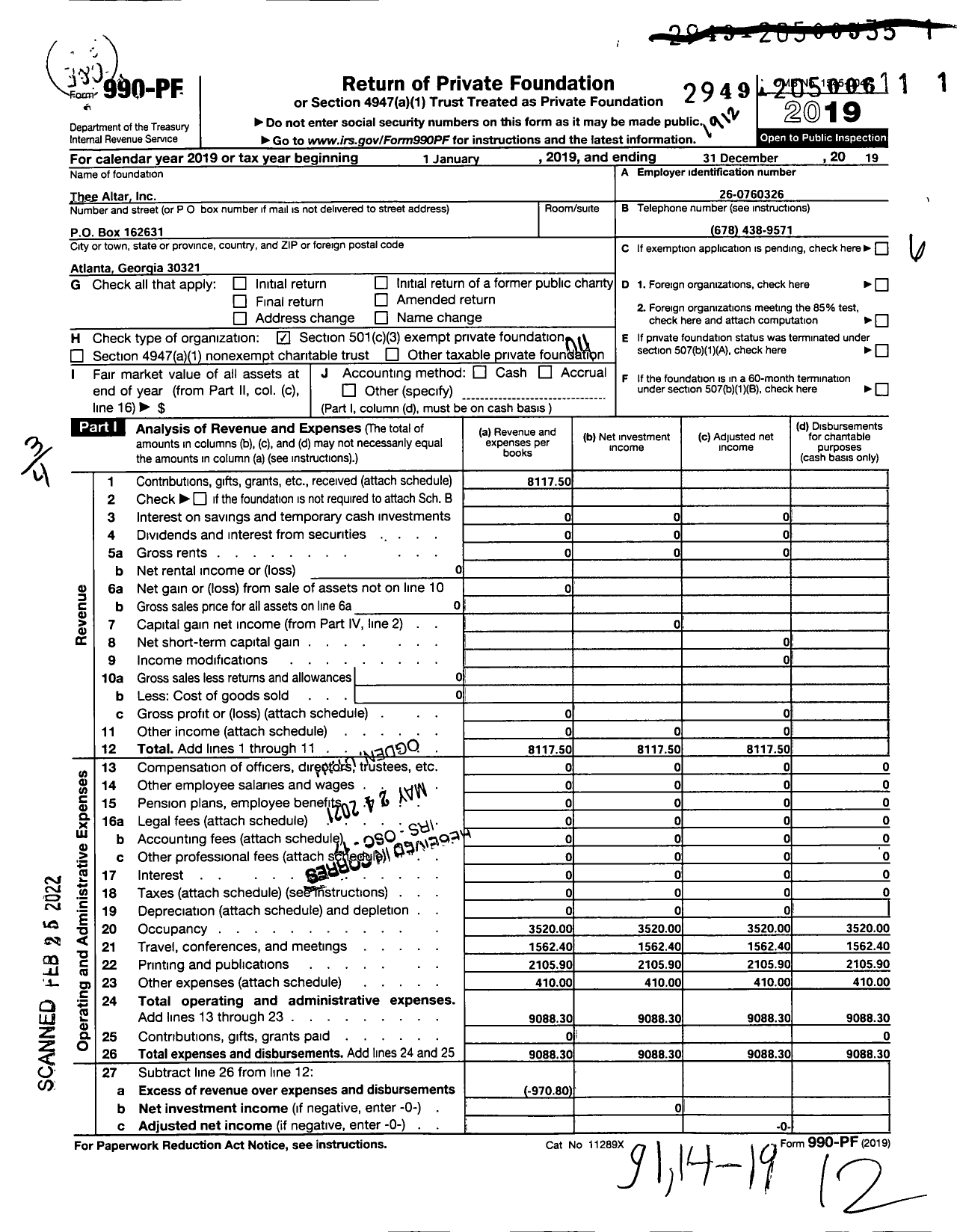 Image of first page of 2019 Form 990PF for Thee Altar