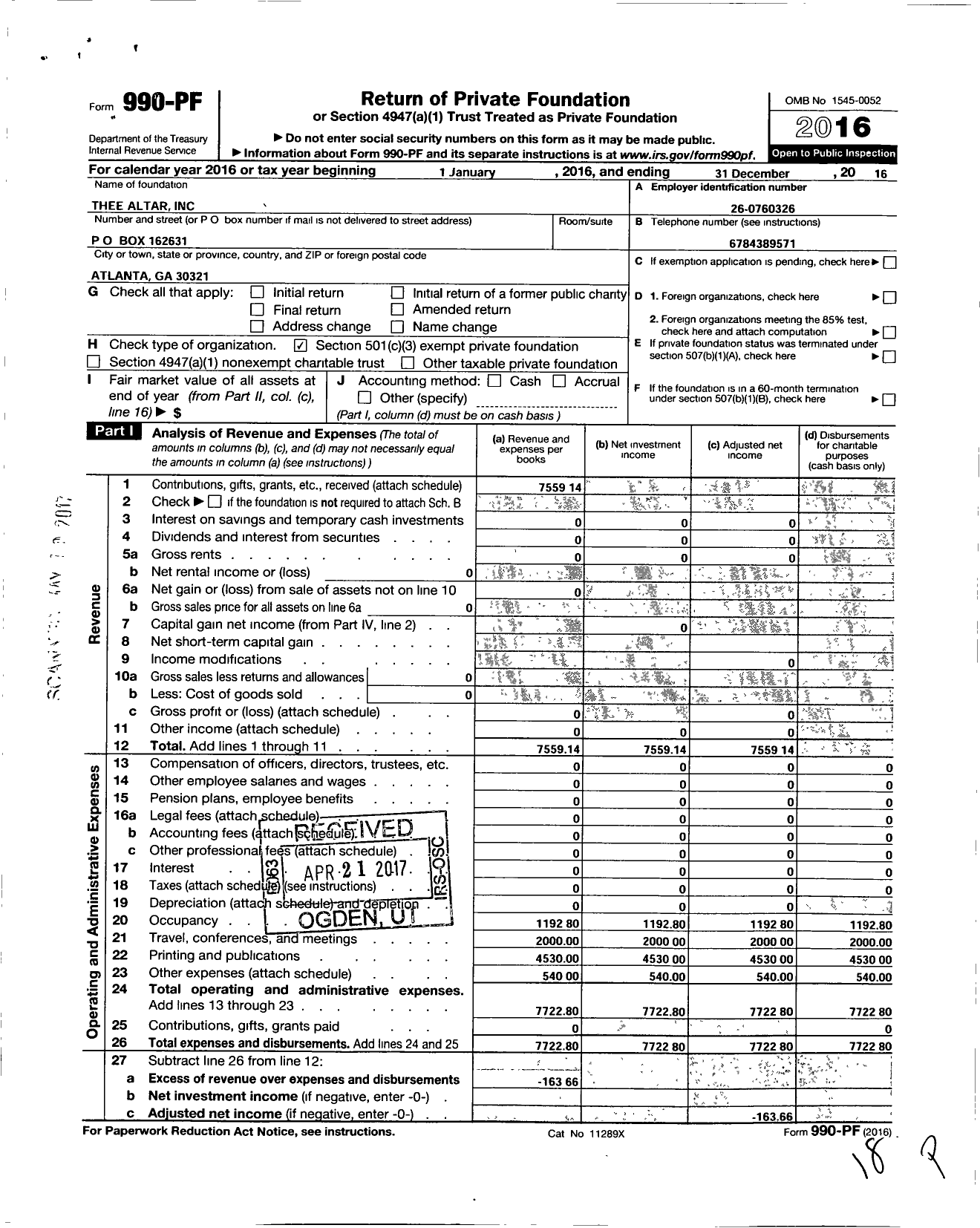 Image of first page of 2016 Form 990PF for Thee Altar