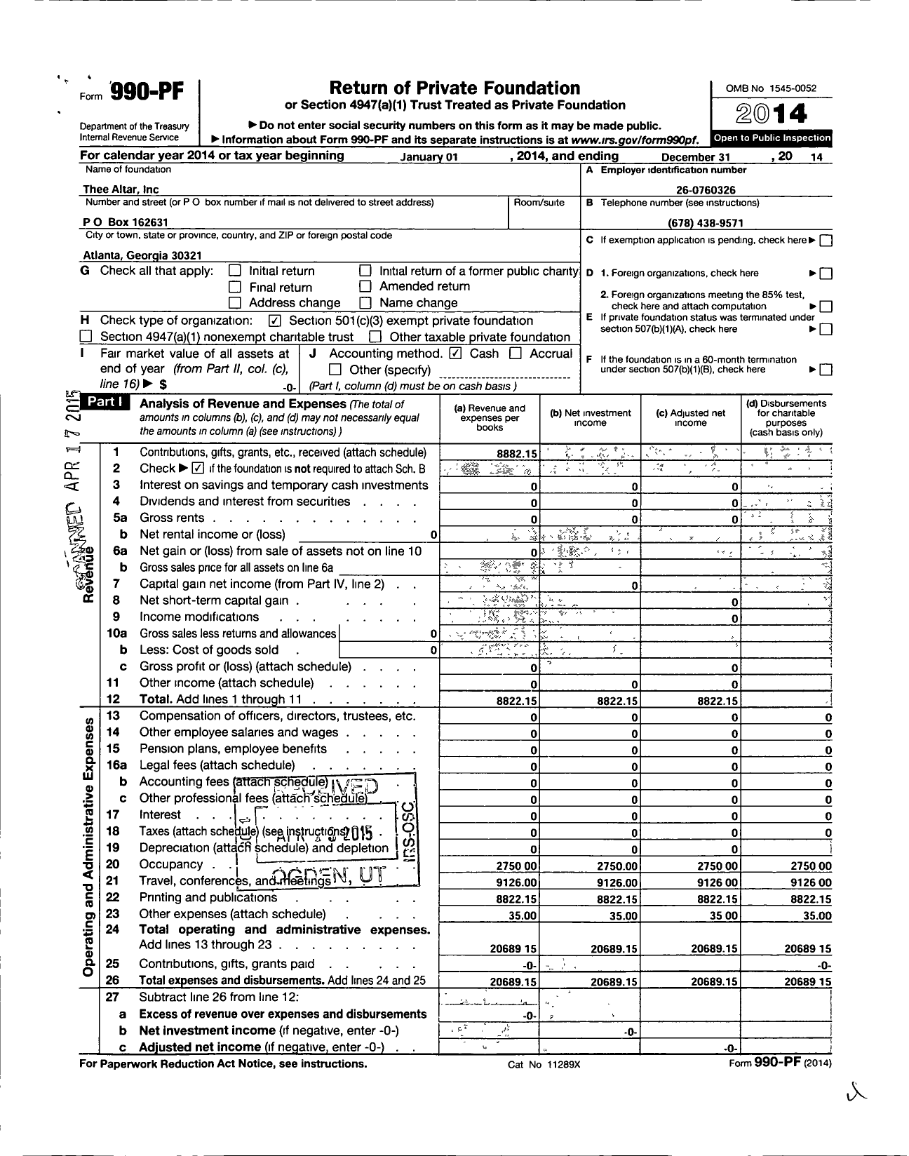 Image of first page of 2014 Form 990PF for Thee Altar