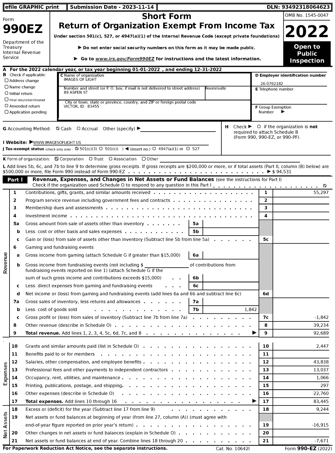 Image of first page of 2022 Form 990EZ for Images of Light