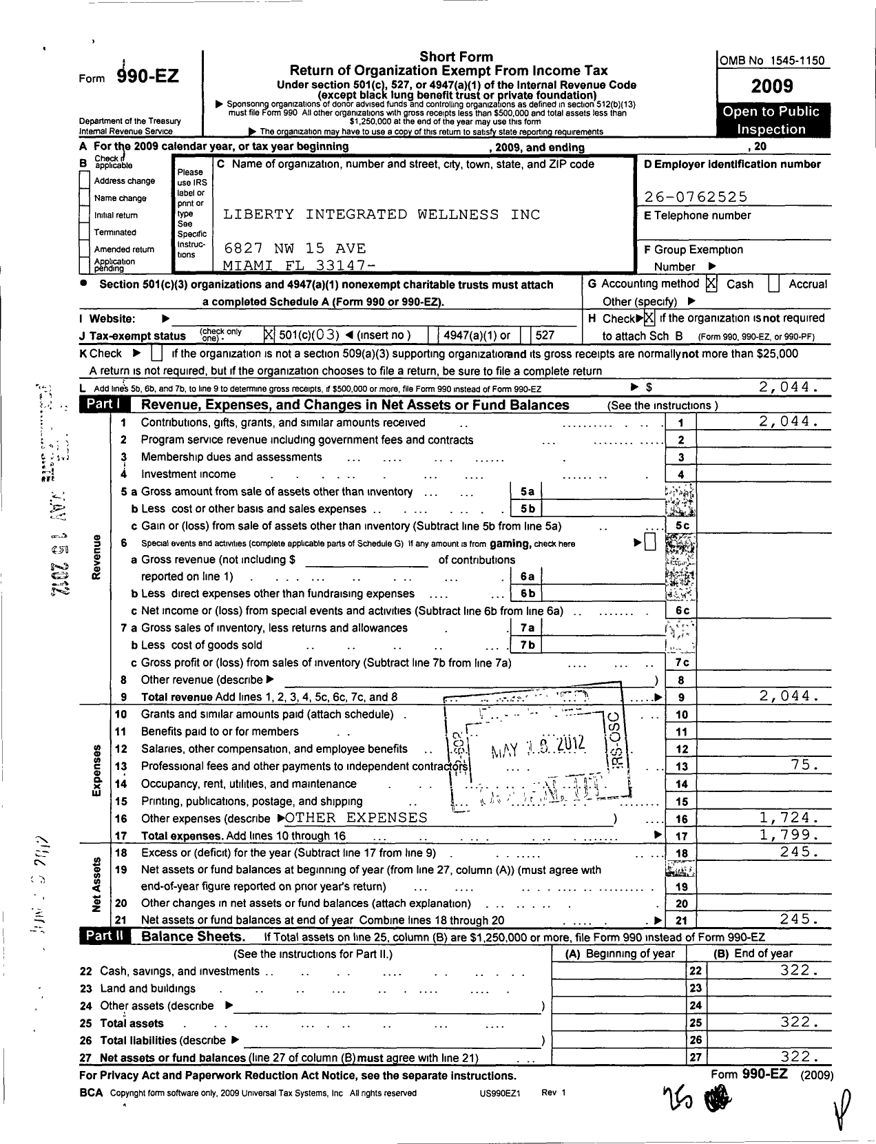 Image of first page of 2009 Form 990EZ for Liberty Integrated Wellness