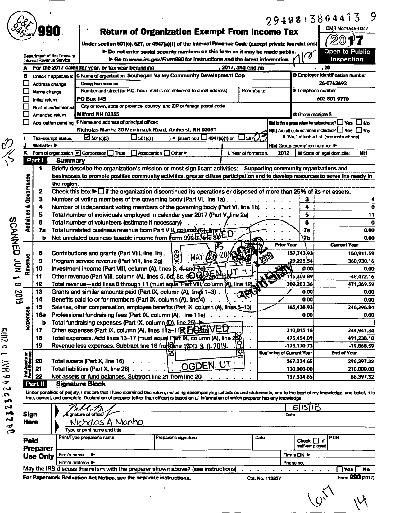 Image of first page of 2017 Form 990 for Souhegan Valley Community Development Corporation