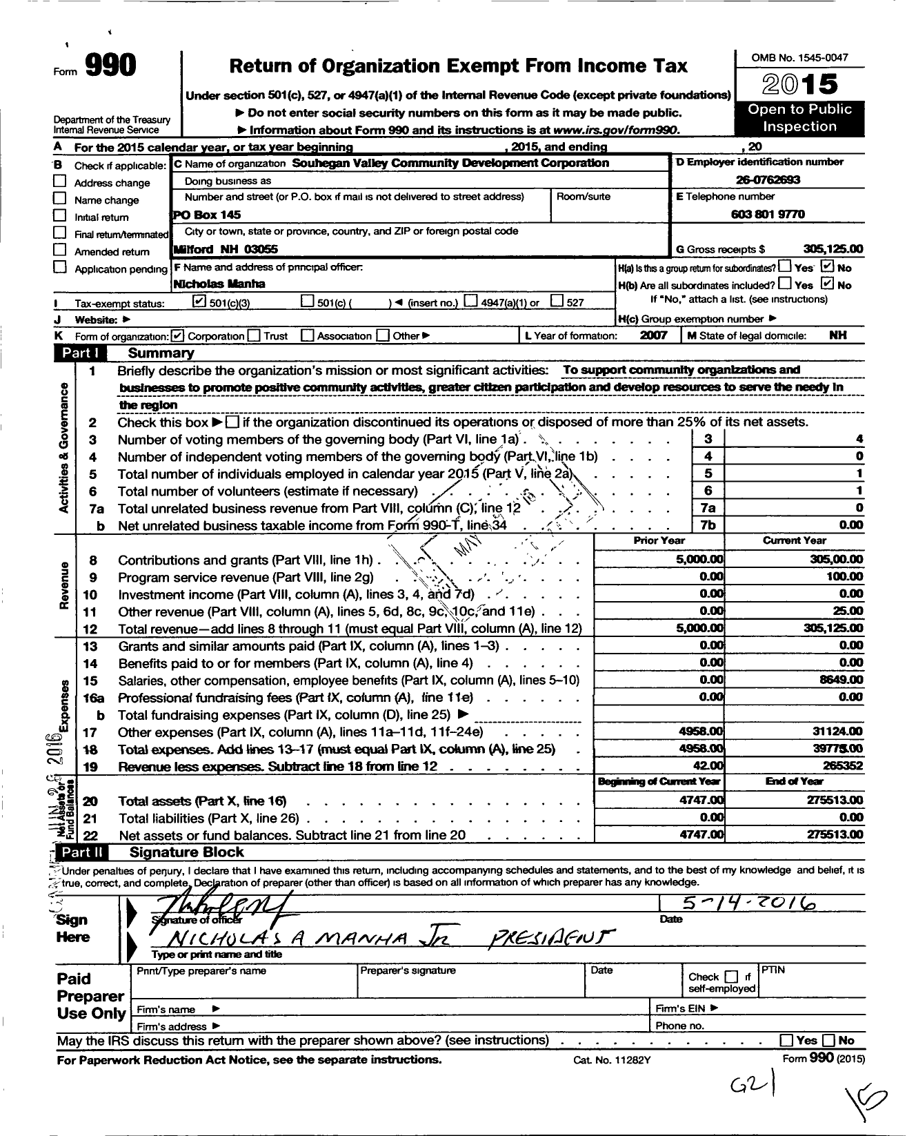 Image of first page of 2015 Form 990 for Souhegan Valley Community Development Corporation